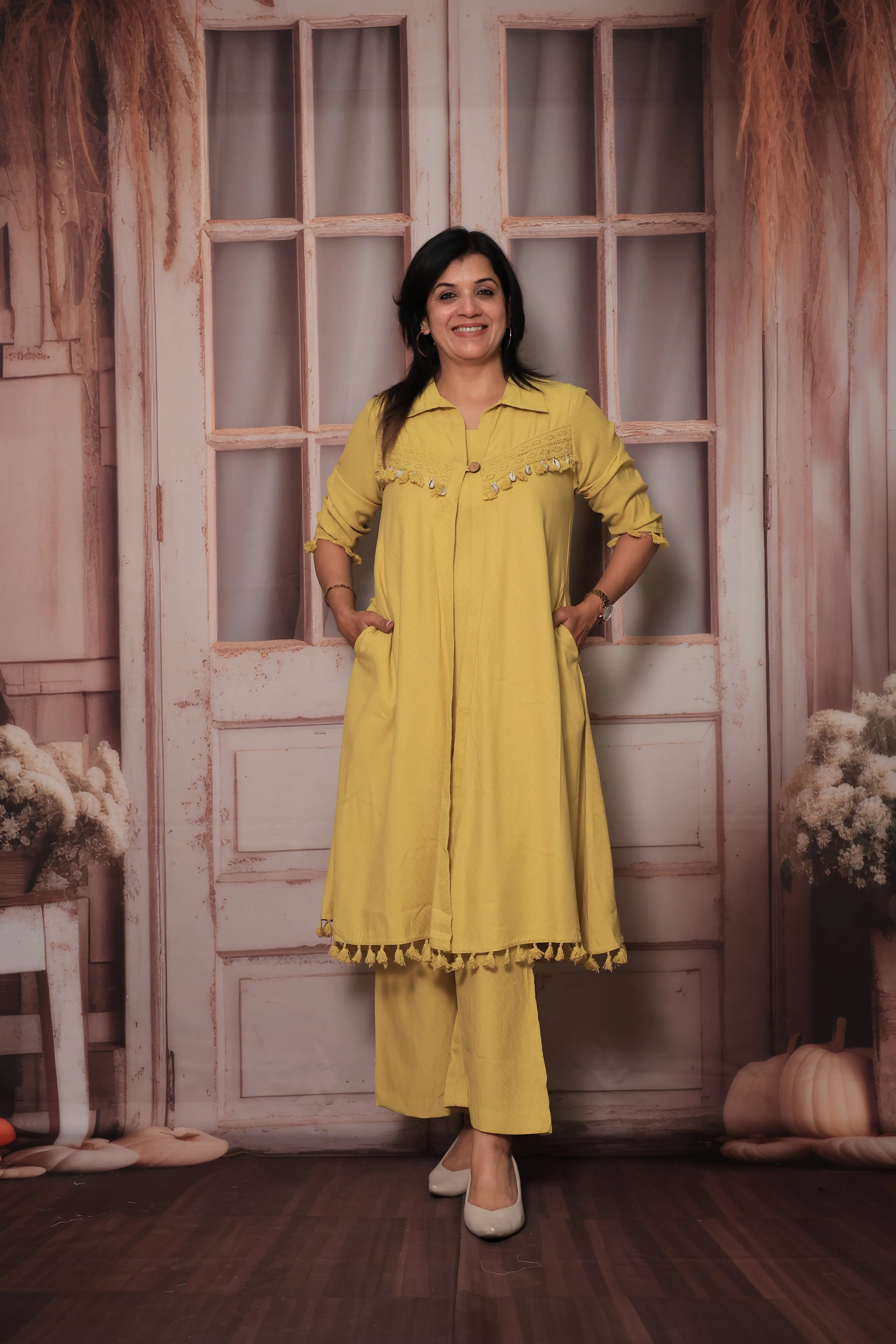 Yellow Trendy Shrug Collar Neck Top & Palazzo Co-Ord Set | Lace Embroidery