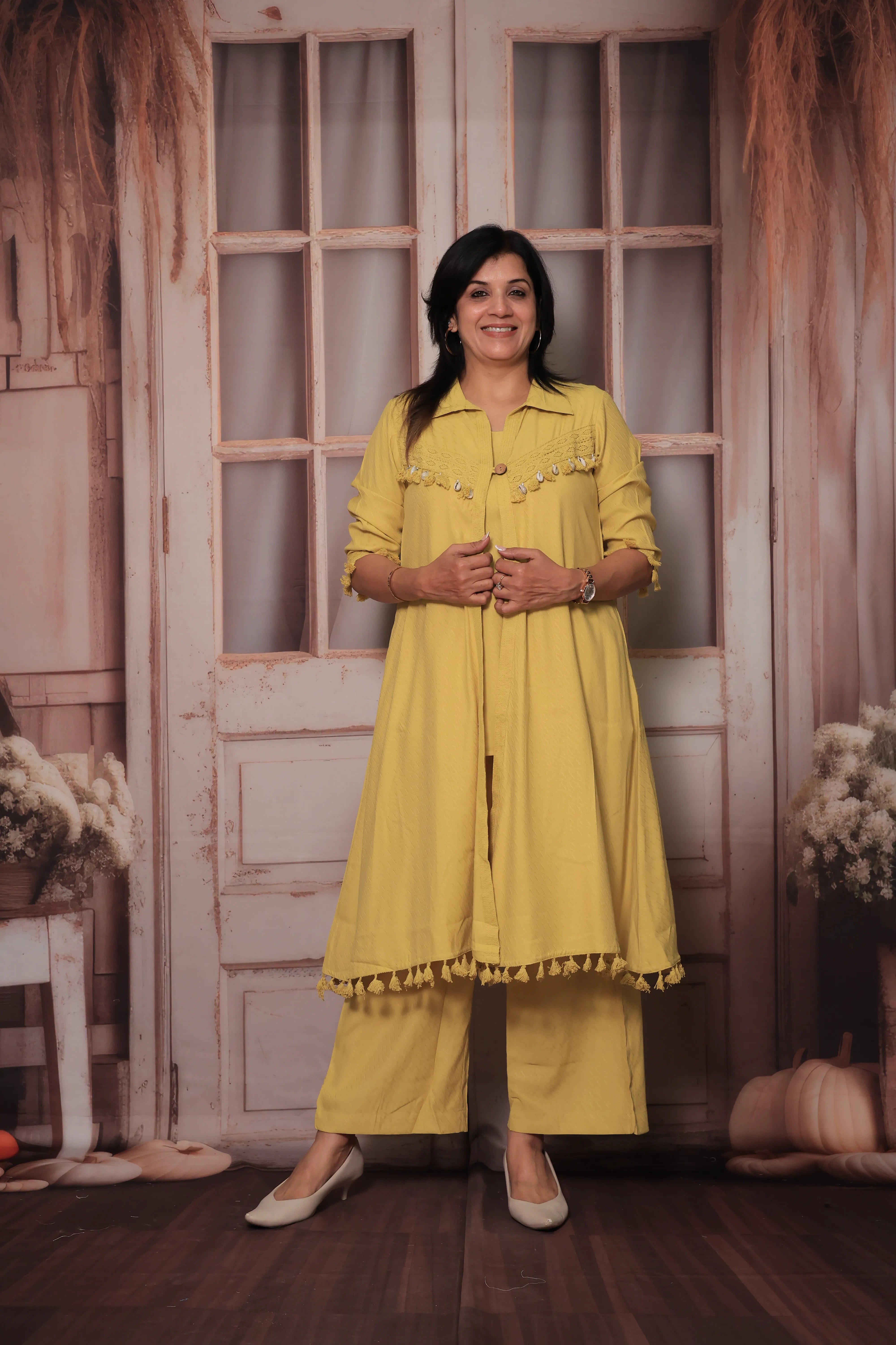 Yellow Trendy Shrug Collar Neck Top & Palazzo Co-Ord Set | Lace Embroidery
