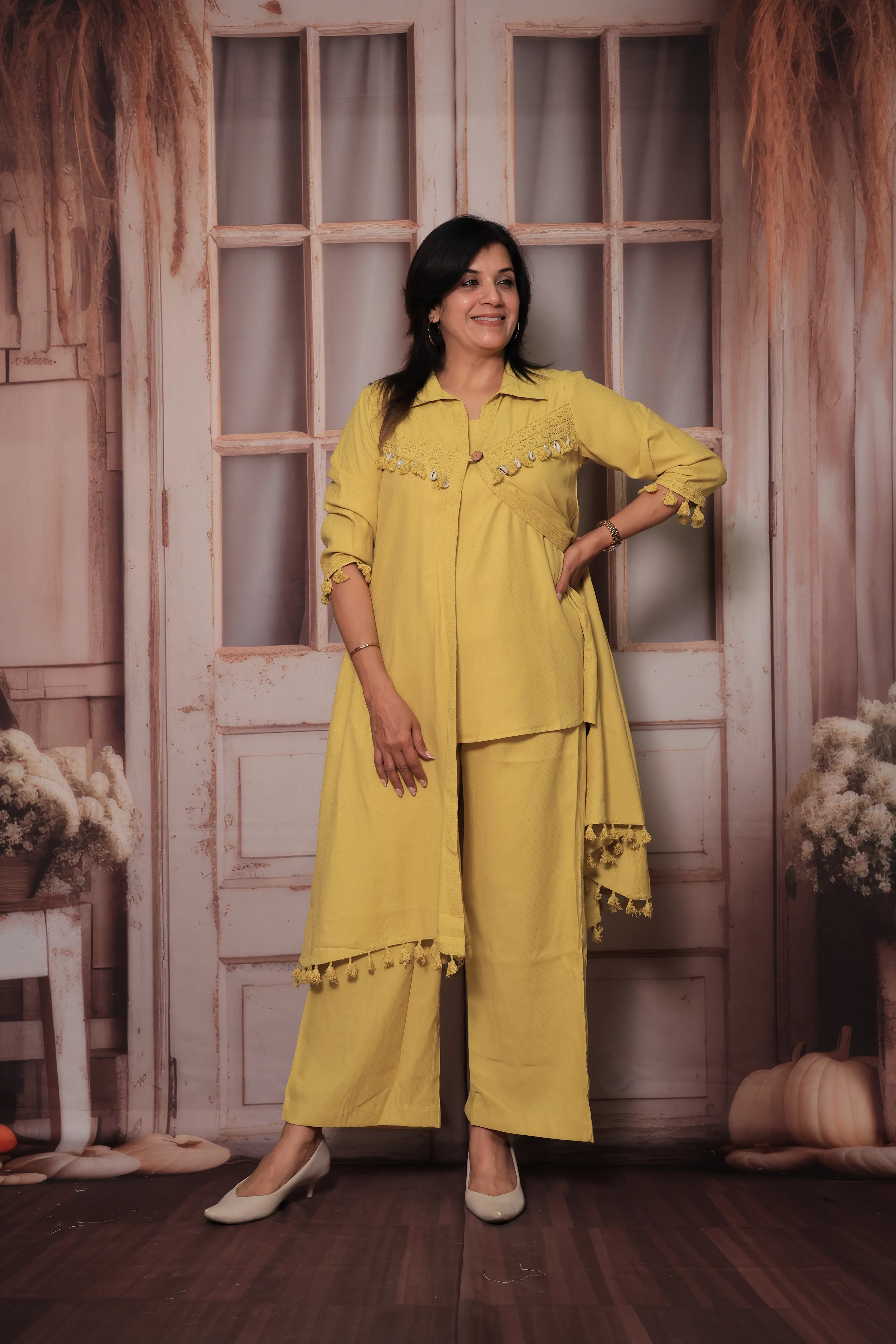 Yellow Trendy Shrug Collar Neck Top & Palazzo Co-Ord Set | Lace Embroidery
