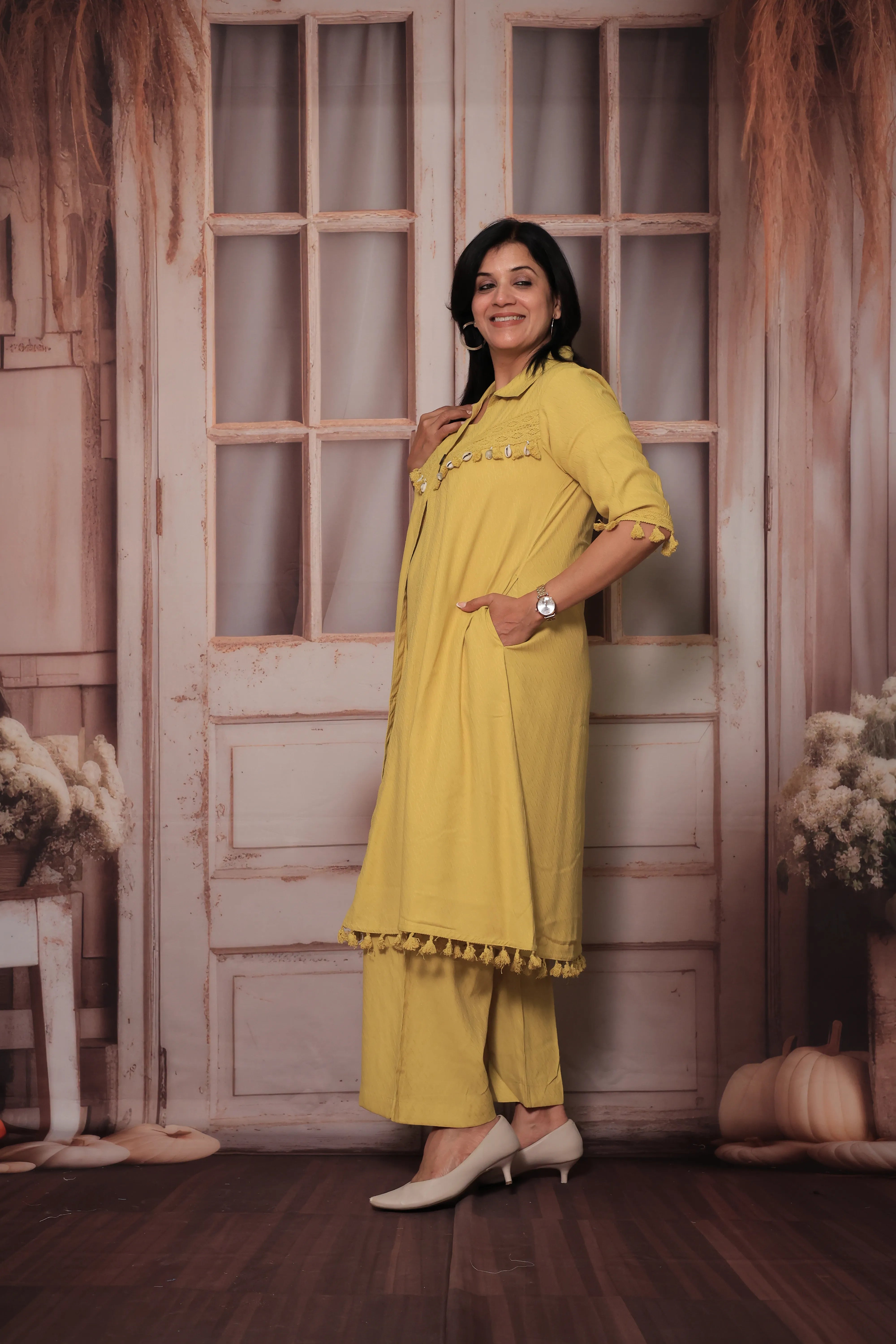 Yellow Trendy Shrug Collar Neck Top & Palazzo Co-Ord Set | Lace Embroidery