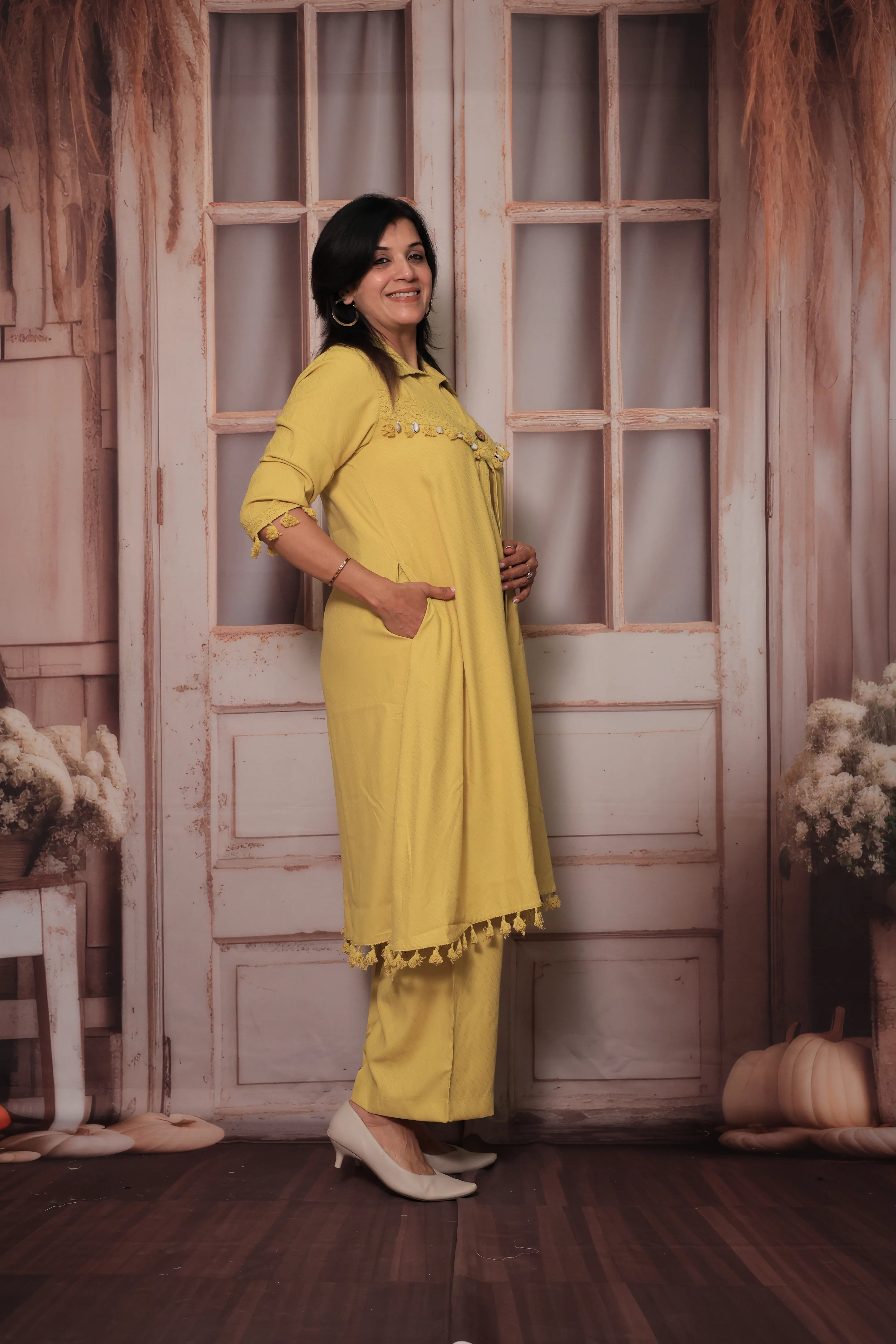 Yellow Trendy Shrug Collar Neck Top & Palazzo Co-Ord Set | Lace Embroidery
