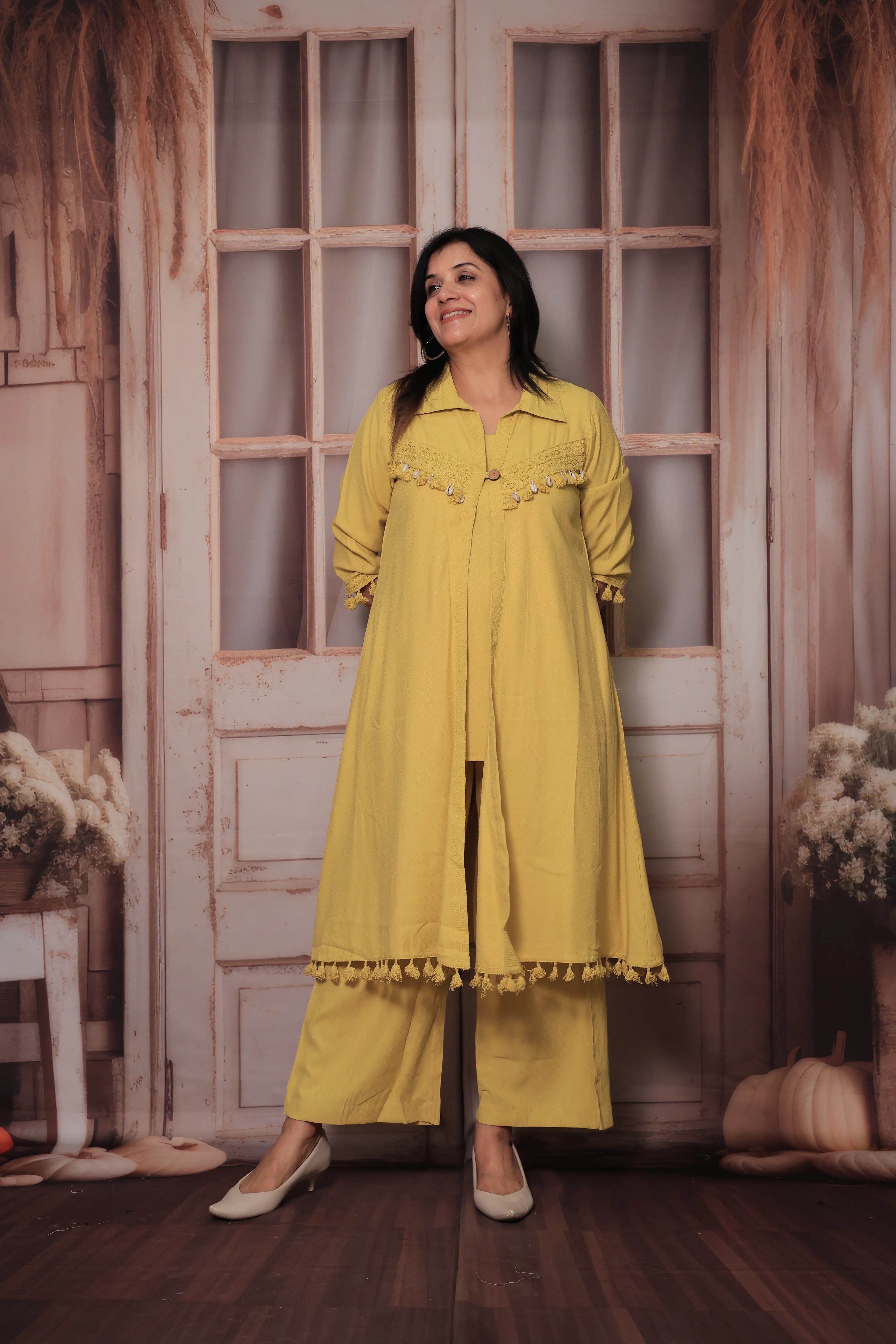 Yellow Trendy Shrug Collar Neck Top & Palazzo Co-Ord Set | Lace Embroidery