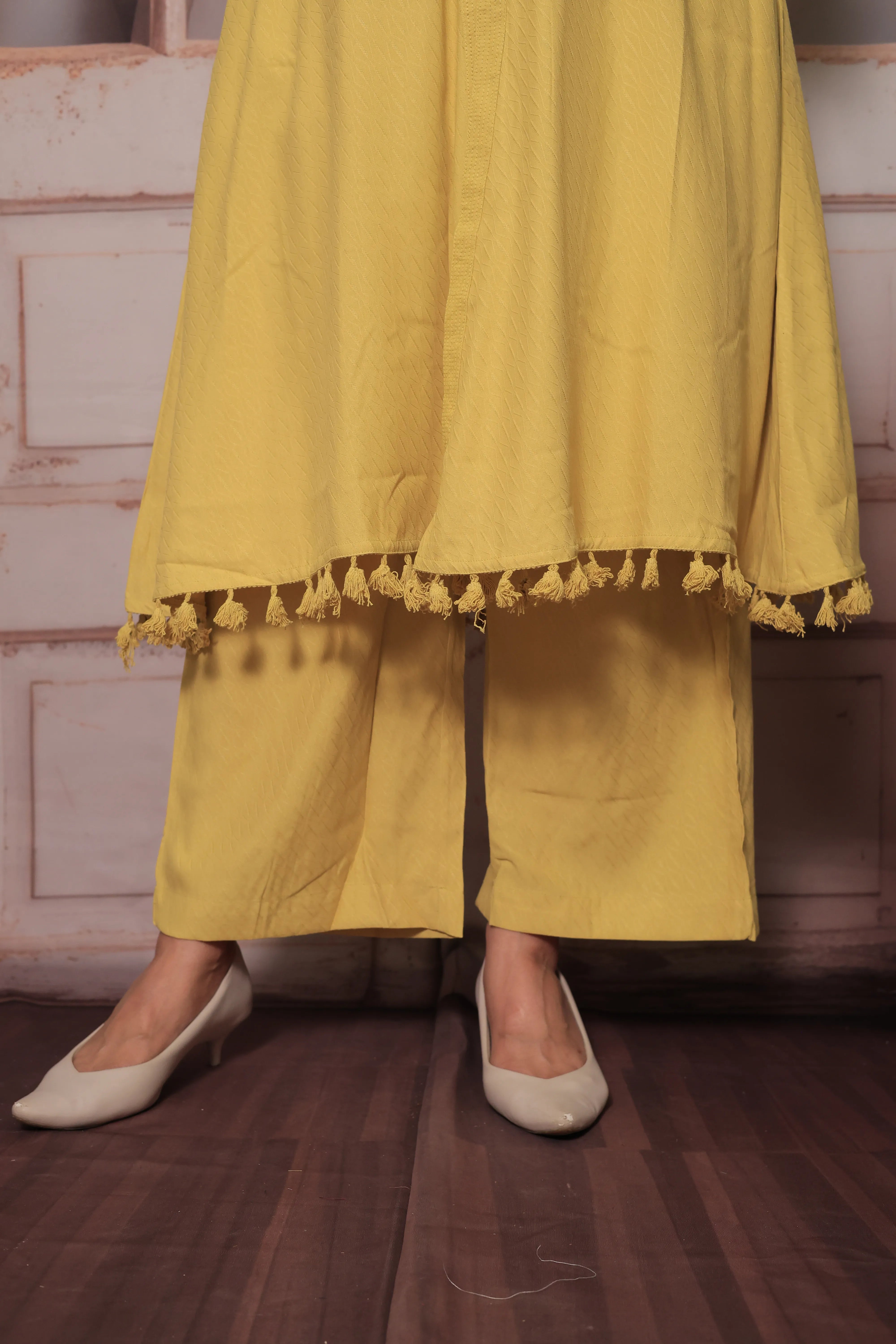 Yellow Trendy Shrug Collar Neck Top & Palazzo Co-Ord Set | Lace Embroidery