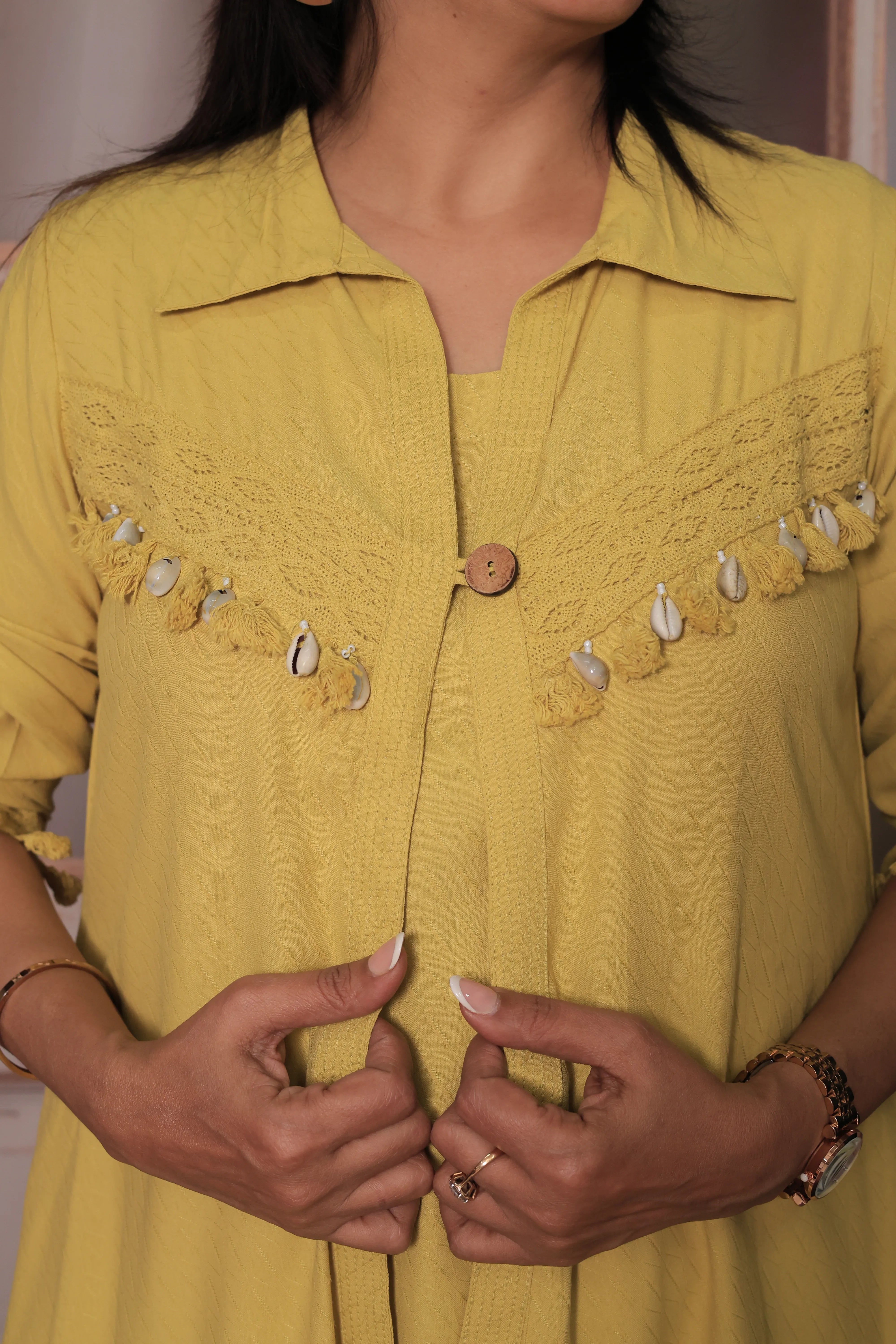 Yellow Trendy Shrug Collar Neck Top & Palazzo Co-Ord Set | Lace Embroidery