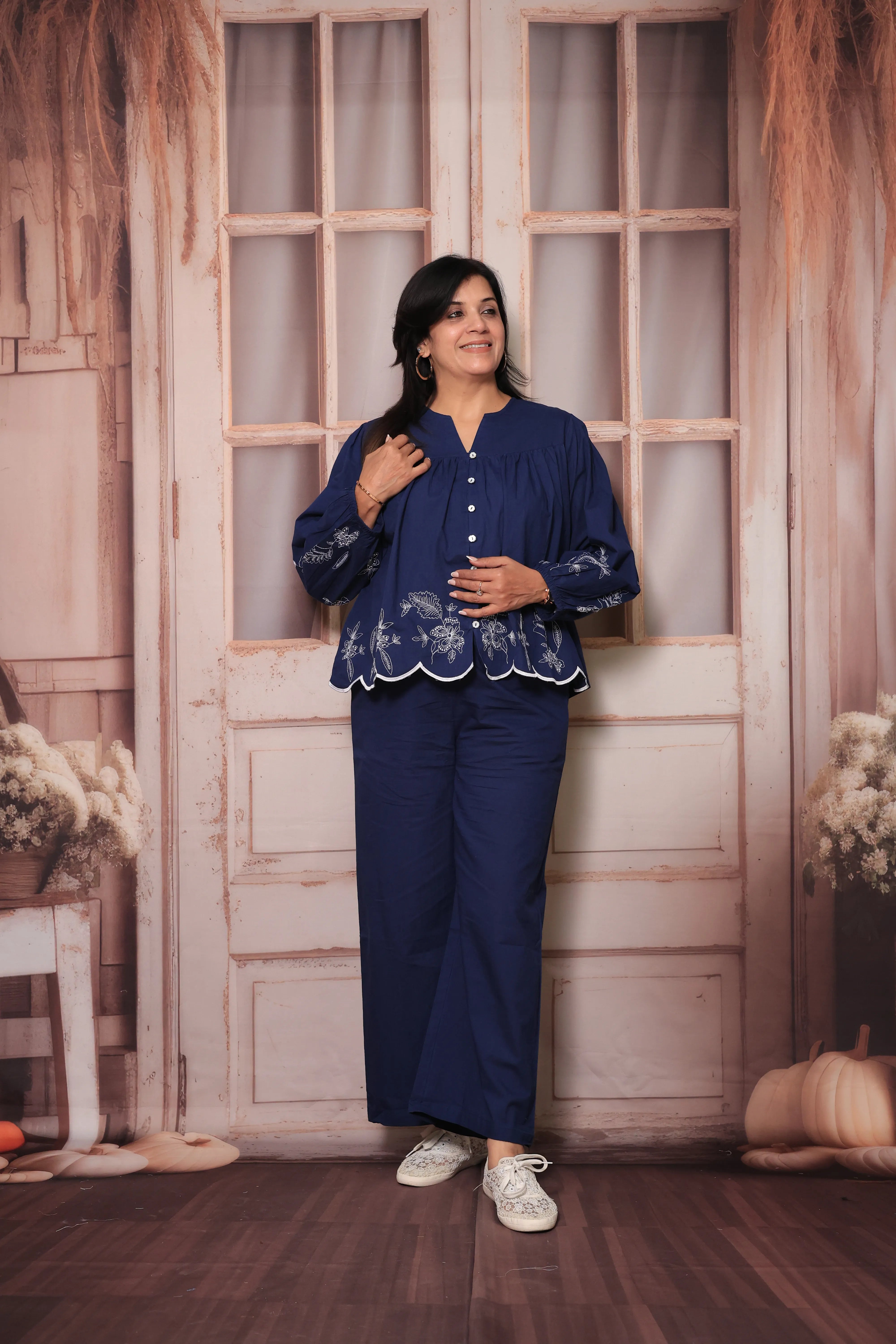 Blue Floral Embroidered Short Top & Palazzo Co-Ord Set | Full Sleeves | Soft Cotton