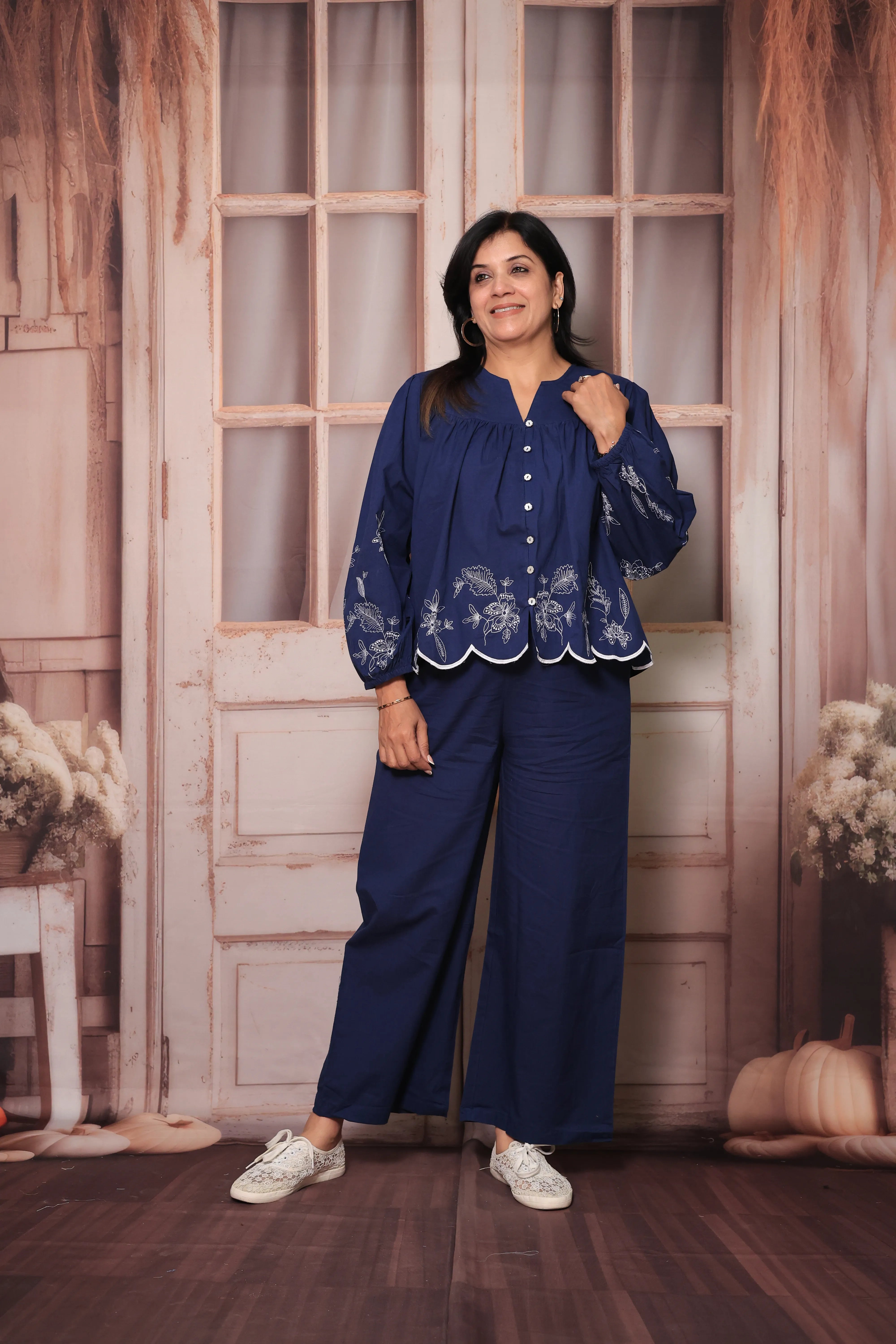 Blue Floral Embroidered Short Top & Palazzo Co-Ord Set | Full Sleeves | Soft Cotton