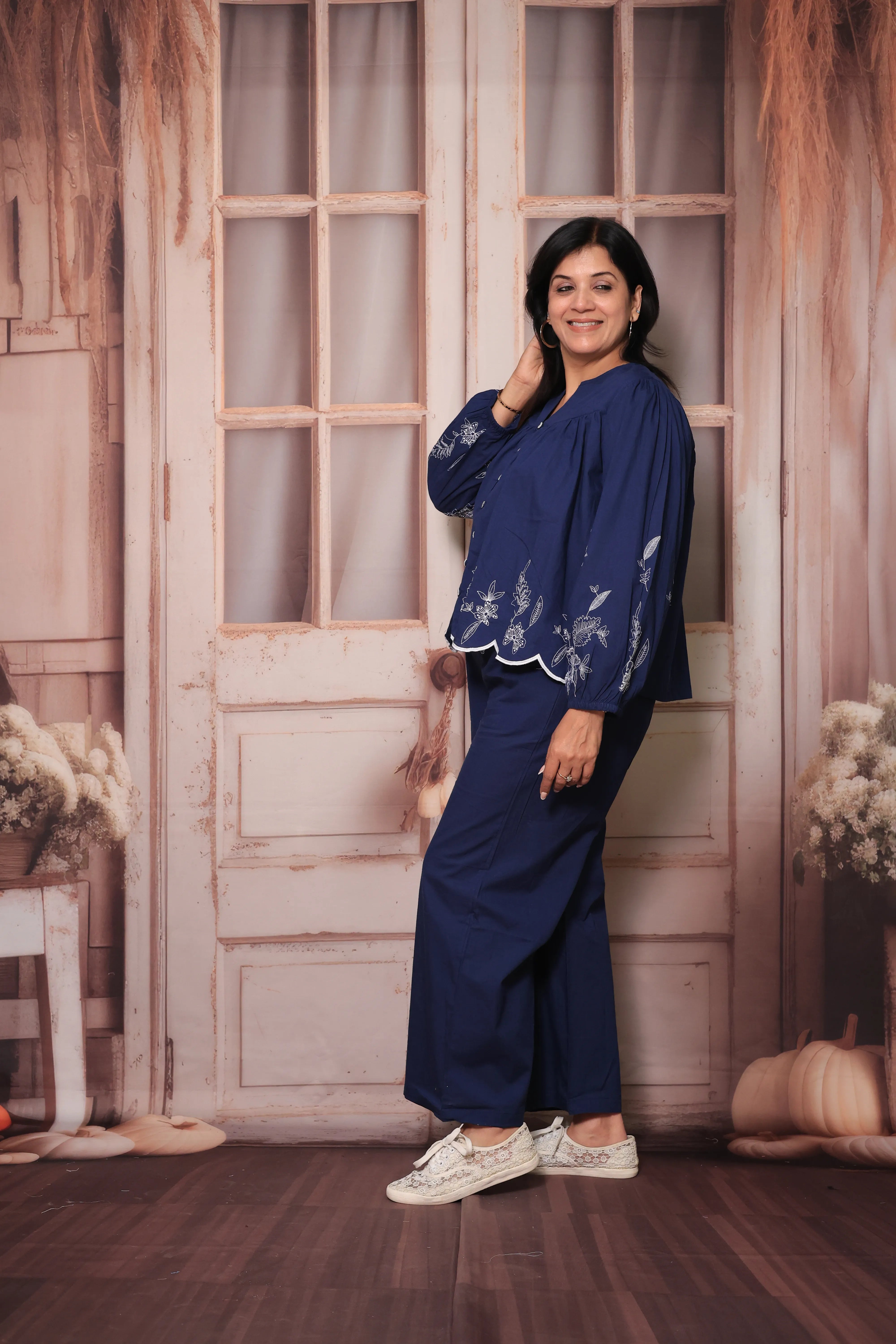 Blue Floral Embroidered Short Top & Palazzo Co-Ord Set | Full Sleeves | Soft Cotton