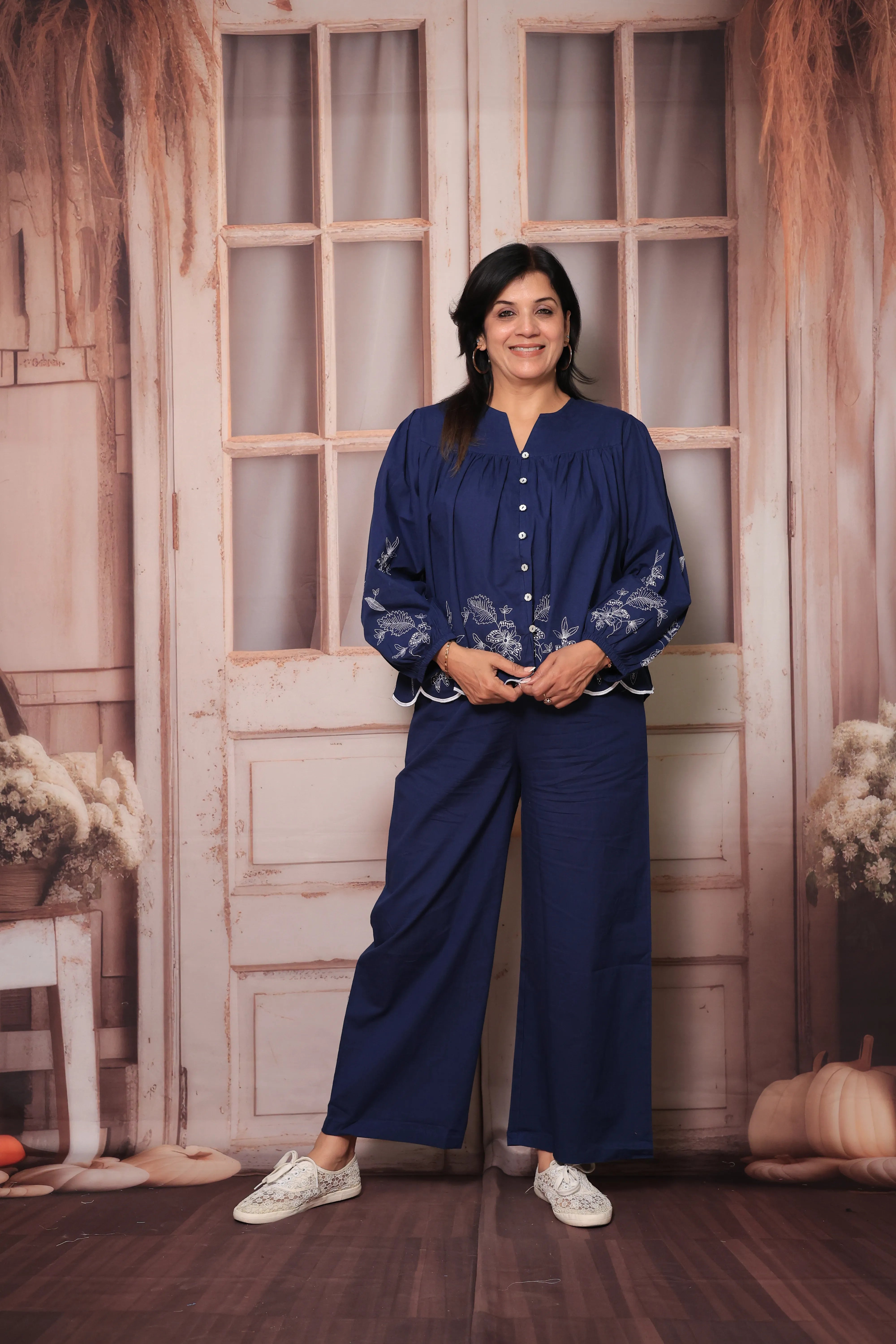 Blue Floral Embroidered Short Top & Palazzo Co-Ord Set | Full Sleeves | Soft Cotton