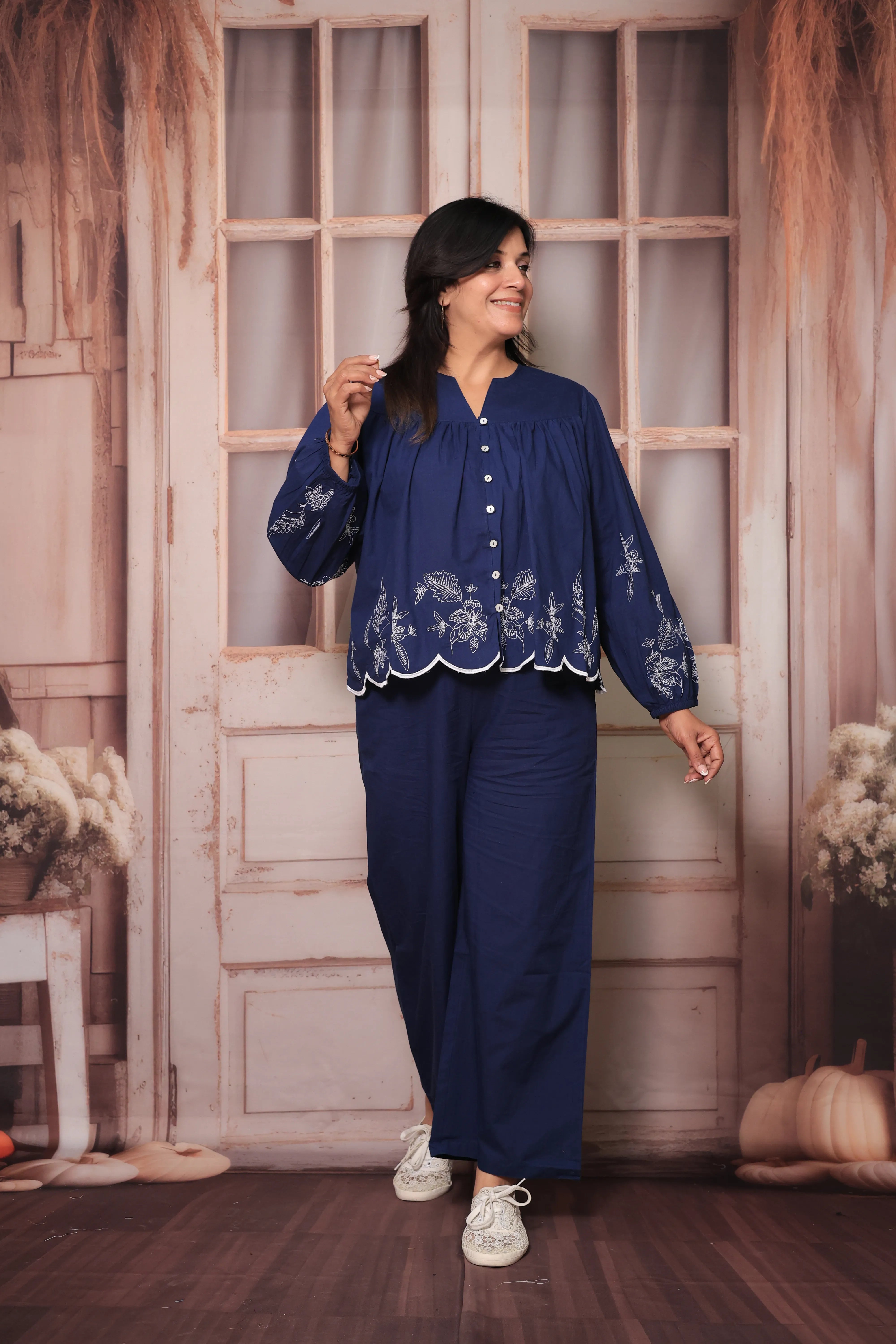 Blue Floral Embroidered Short Top & Palazzo Co-Ord Set | Full Sleeves | Soft Cotton