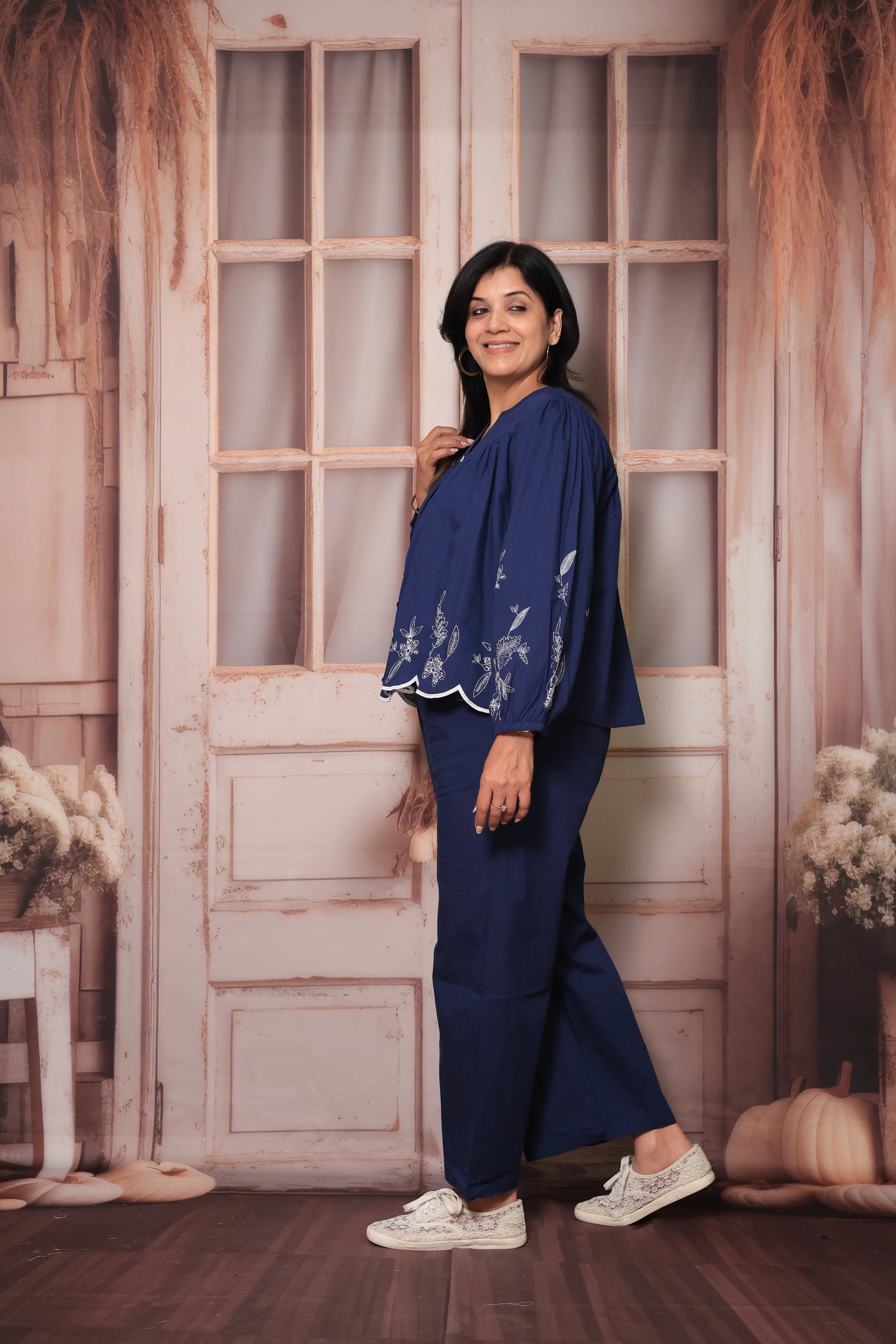 Blue Floral Embroidered Short Top & Palazzo Co-Ord Set | Full Sleeves | Soft Cotton