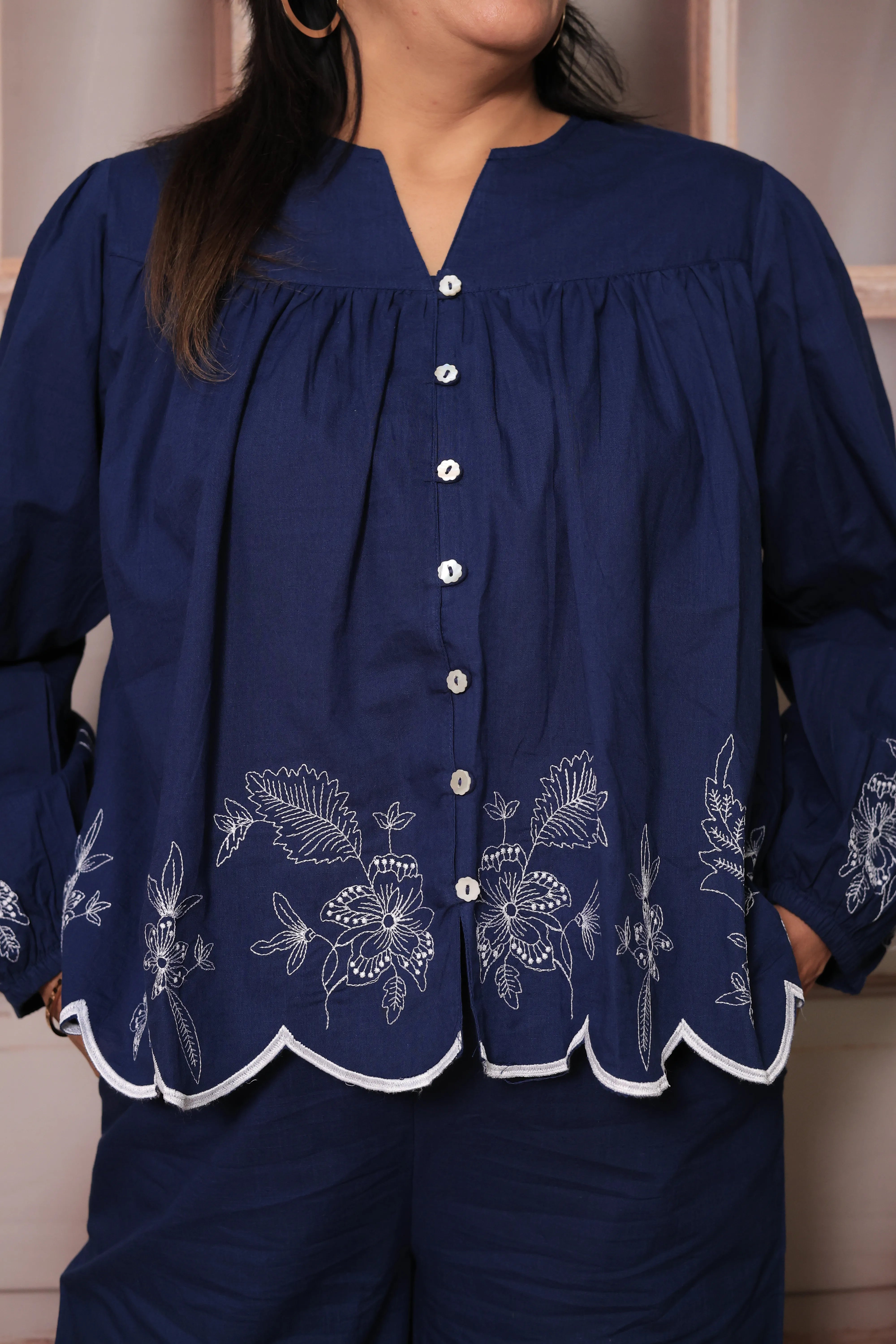 Blue Floral Embroidered Short Top & Palazzo Co-Ord Set | Full Sleeves | Soft Cotton