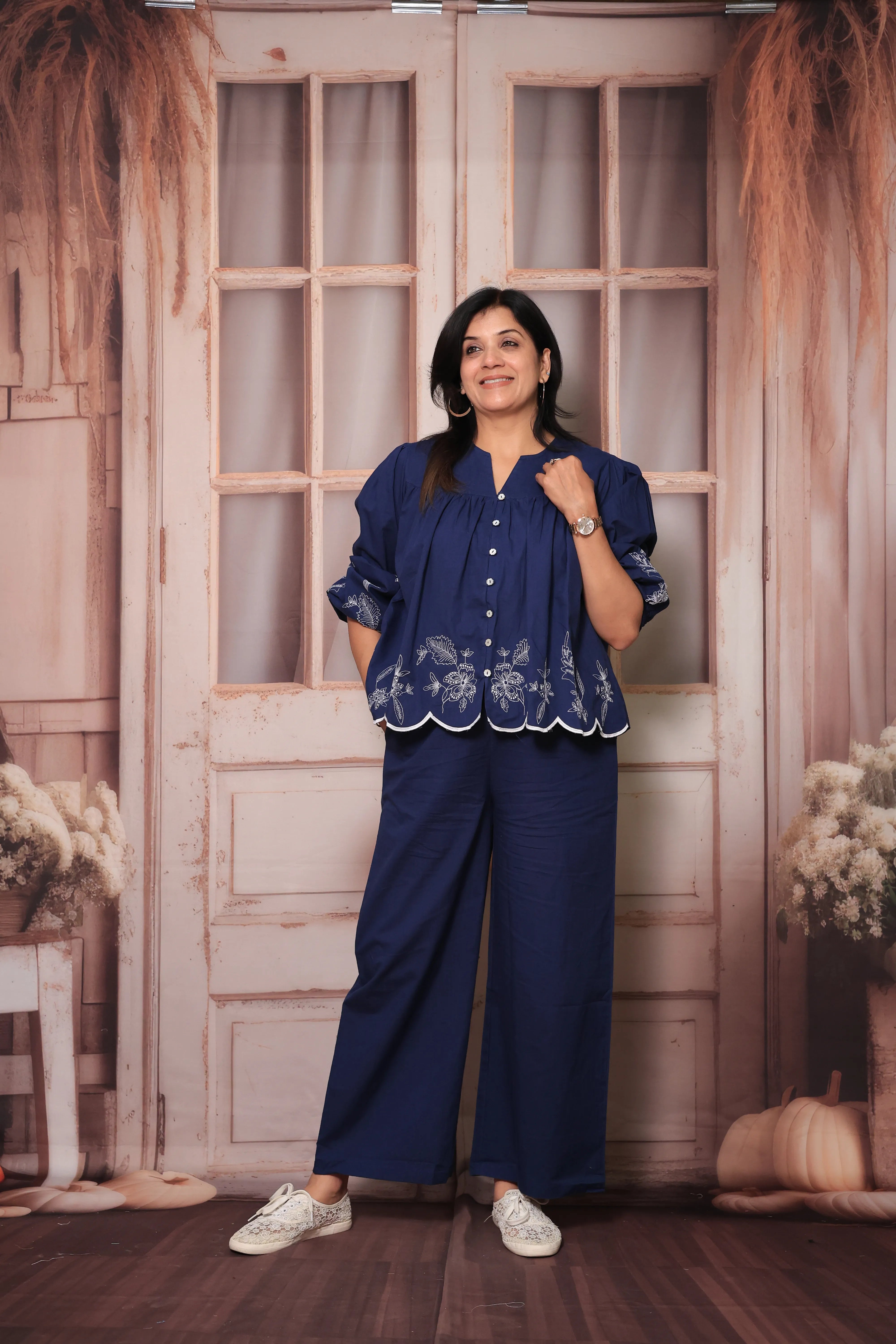 Blue Floral Embroidered Short Top & Palazzo Co-Ord Set | Full Sleeves | Soft Cotton