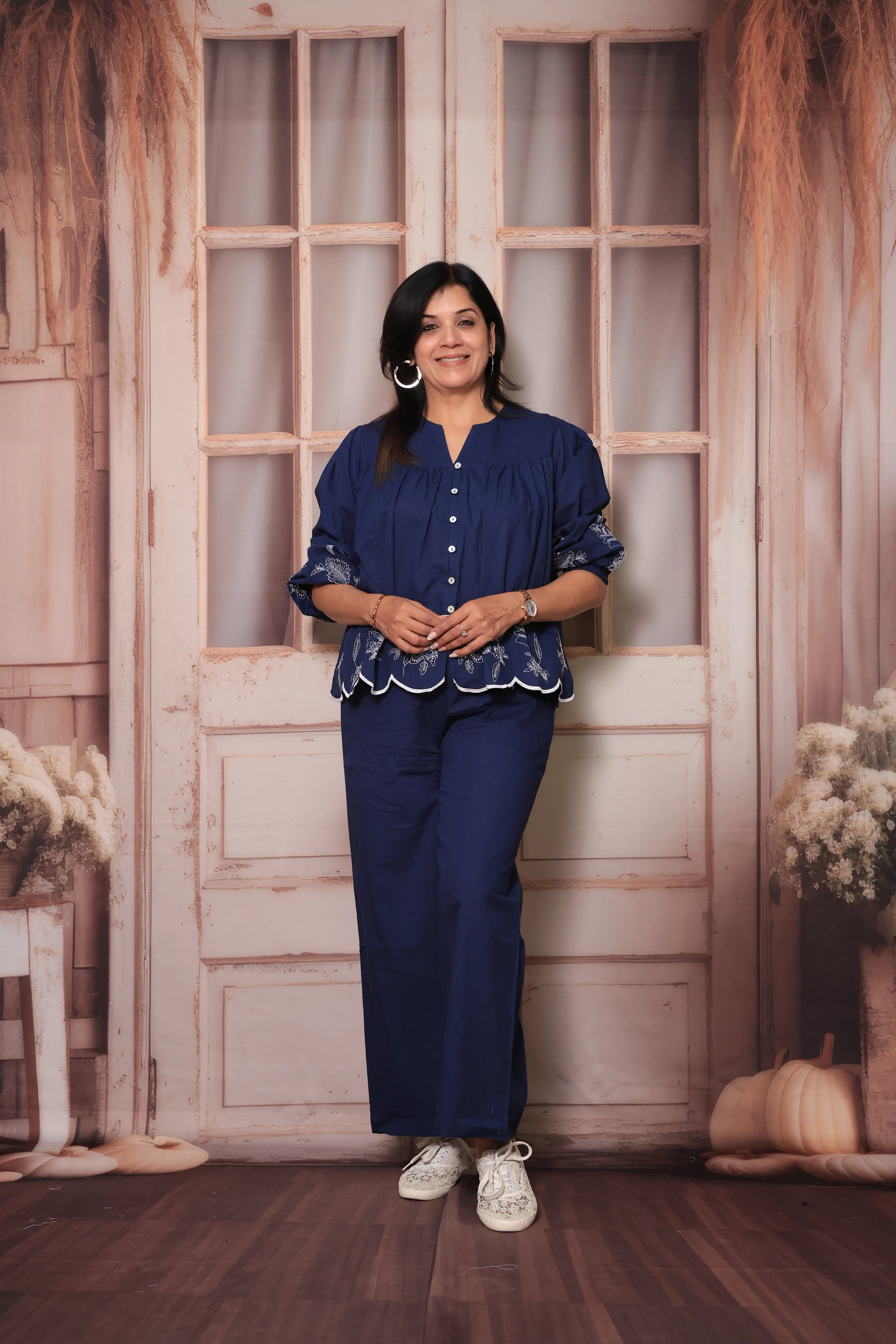 Blue Floral Embroidered Short Top & Palazzo Co-Ord Set | Full Sleeves | Soft Cotton