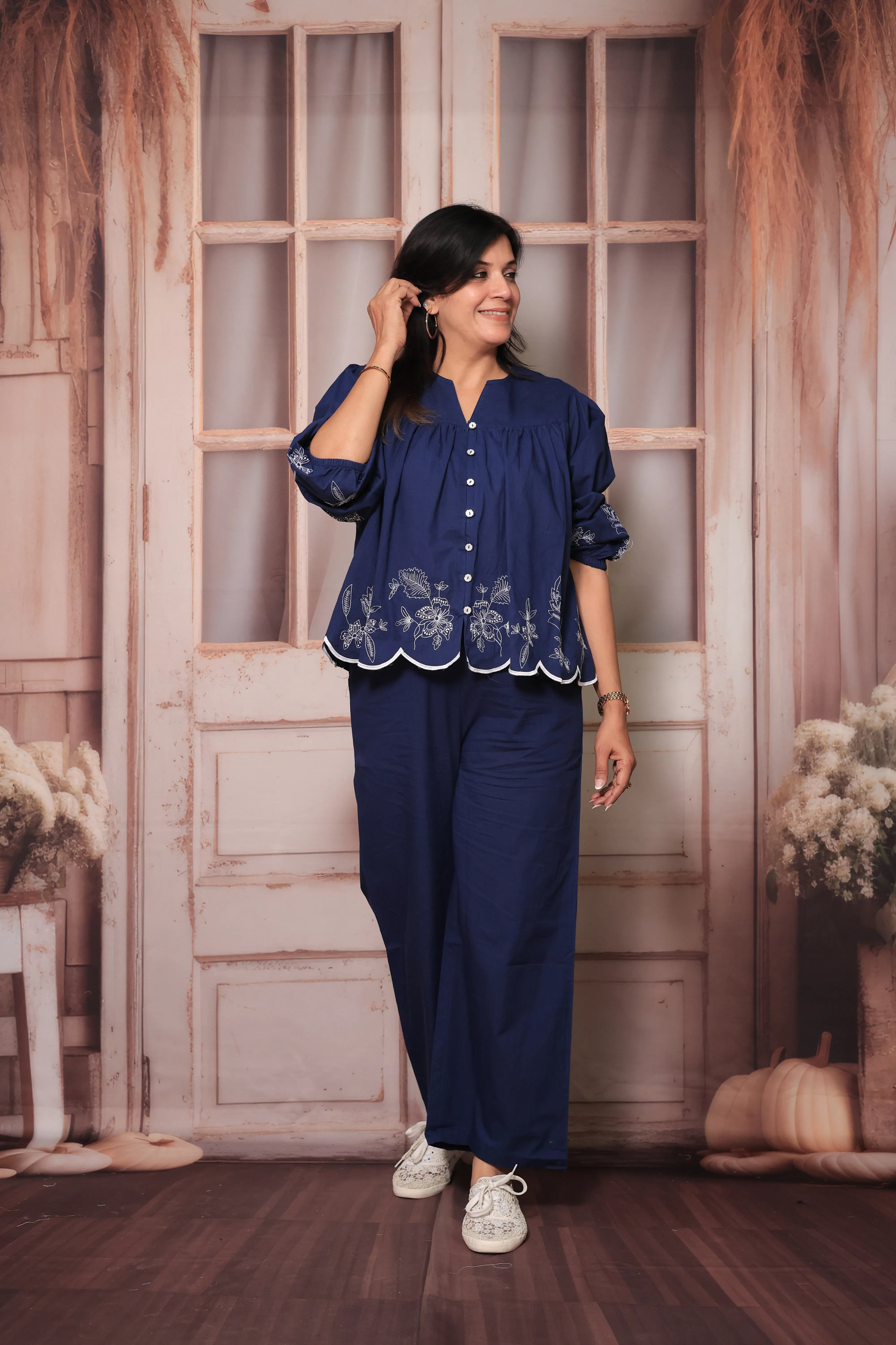 Blue Floral Embroidered Short Top & Palazzo Co-Ord Set | Full Sleeves | Soft Cotton