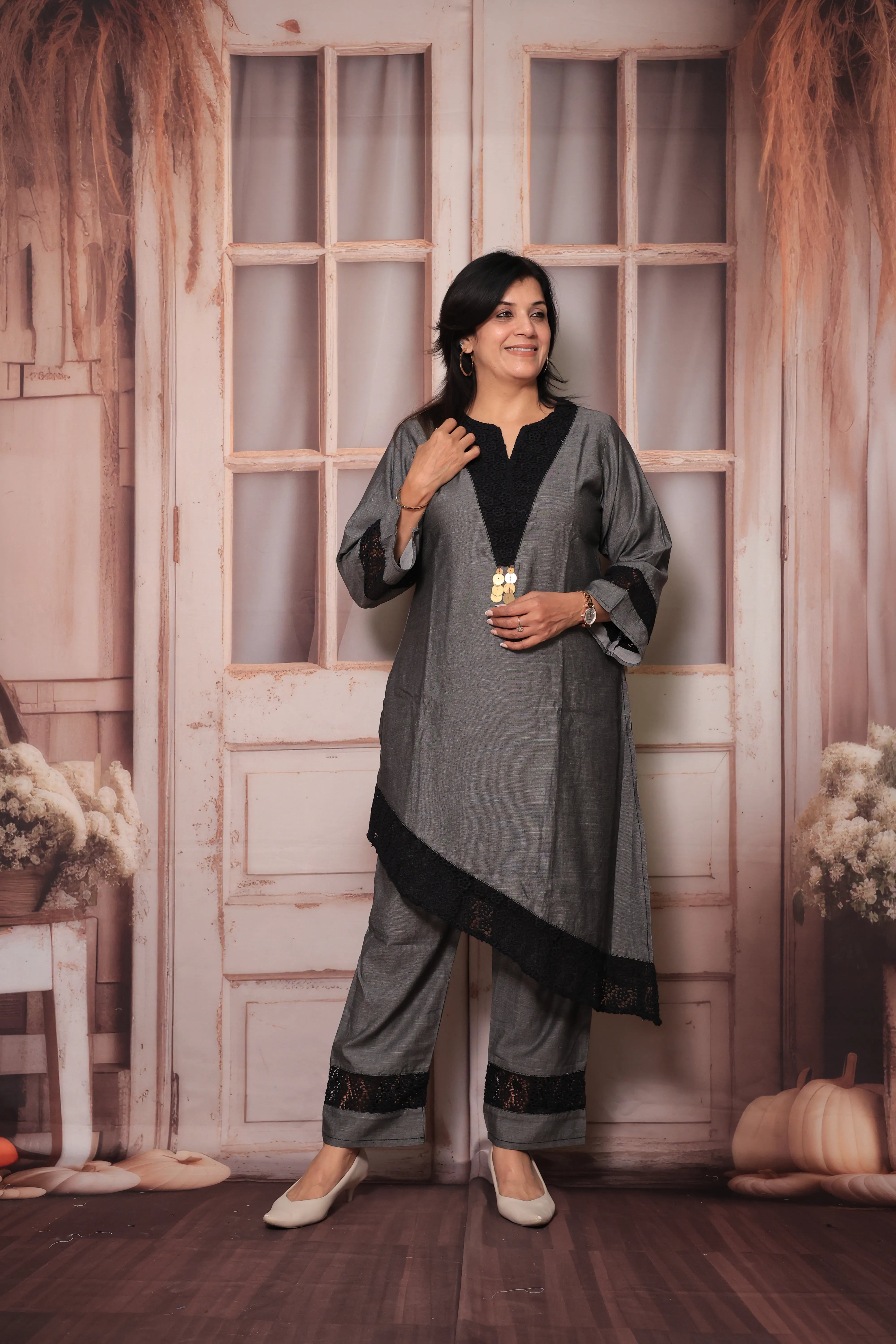 Grey Cross-Style Yoke Chikankari Embroidered Kurti Pant Co-Ord Set | Cotton Ethnic Wear