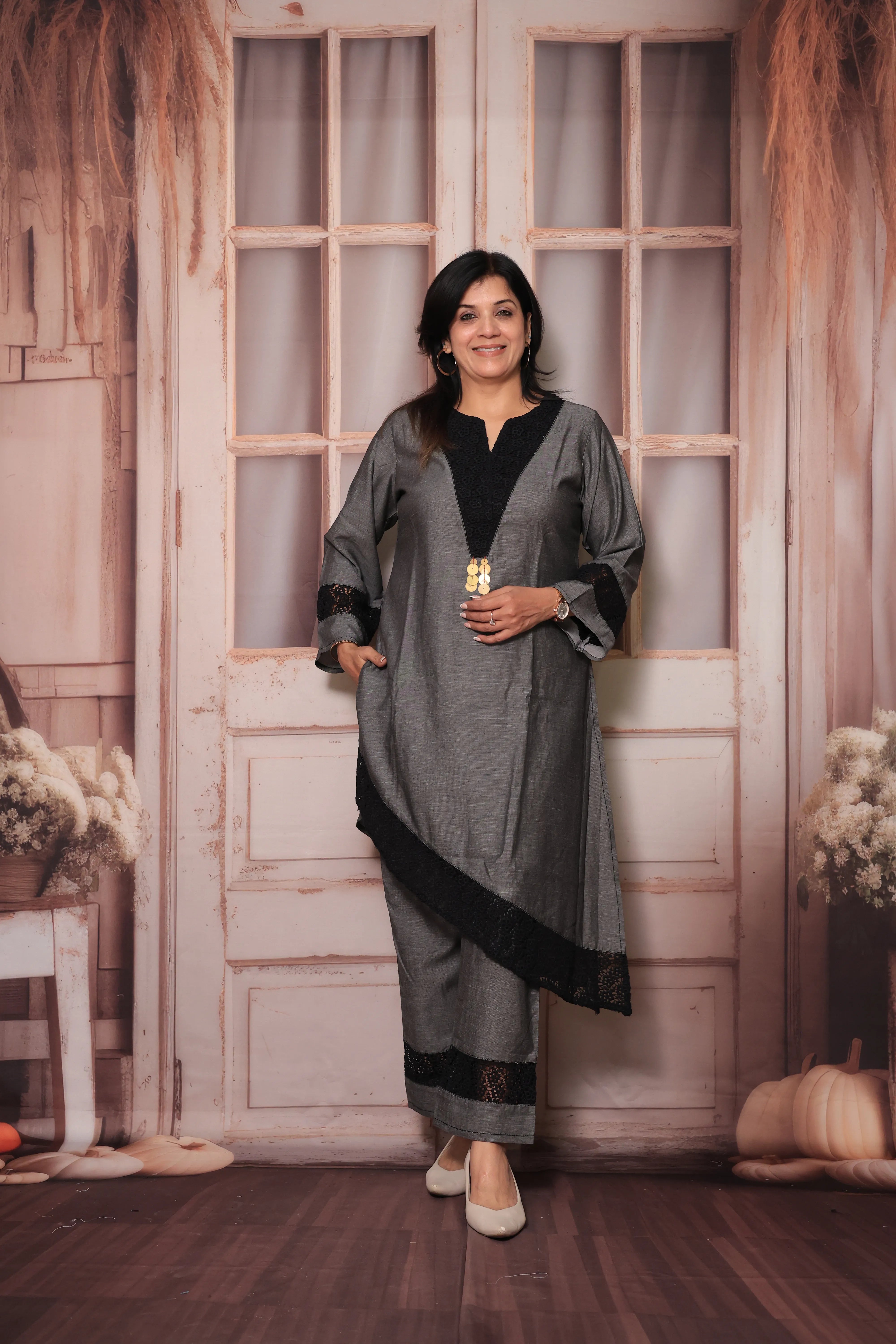 Grey Cross-Style Yoke Chikankari Embroidered Kurti Pant Co-Ord Set | Cotton Ethnic Wear