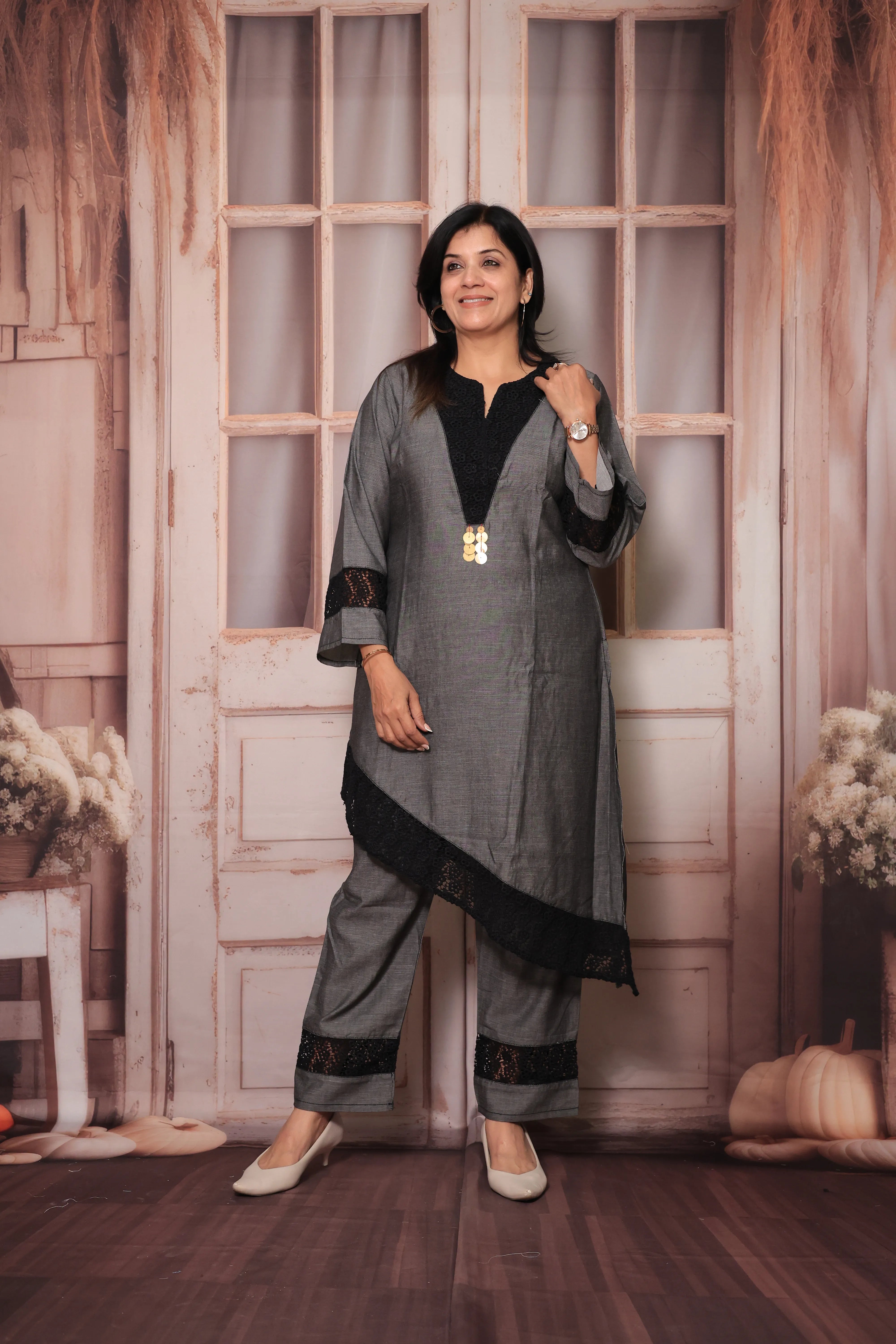 Grey Cross-Style Yoke Chikankari Embroidered Kurti Pant Co-Ord Set | Cotton Ethnic Wear