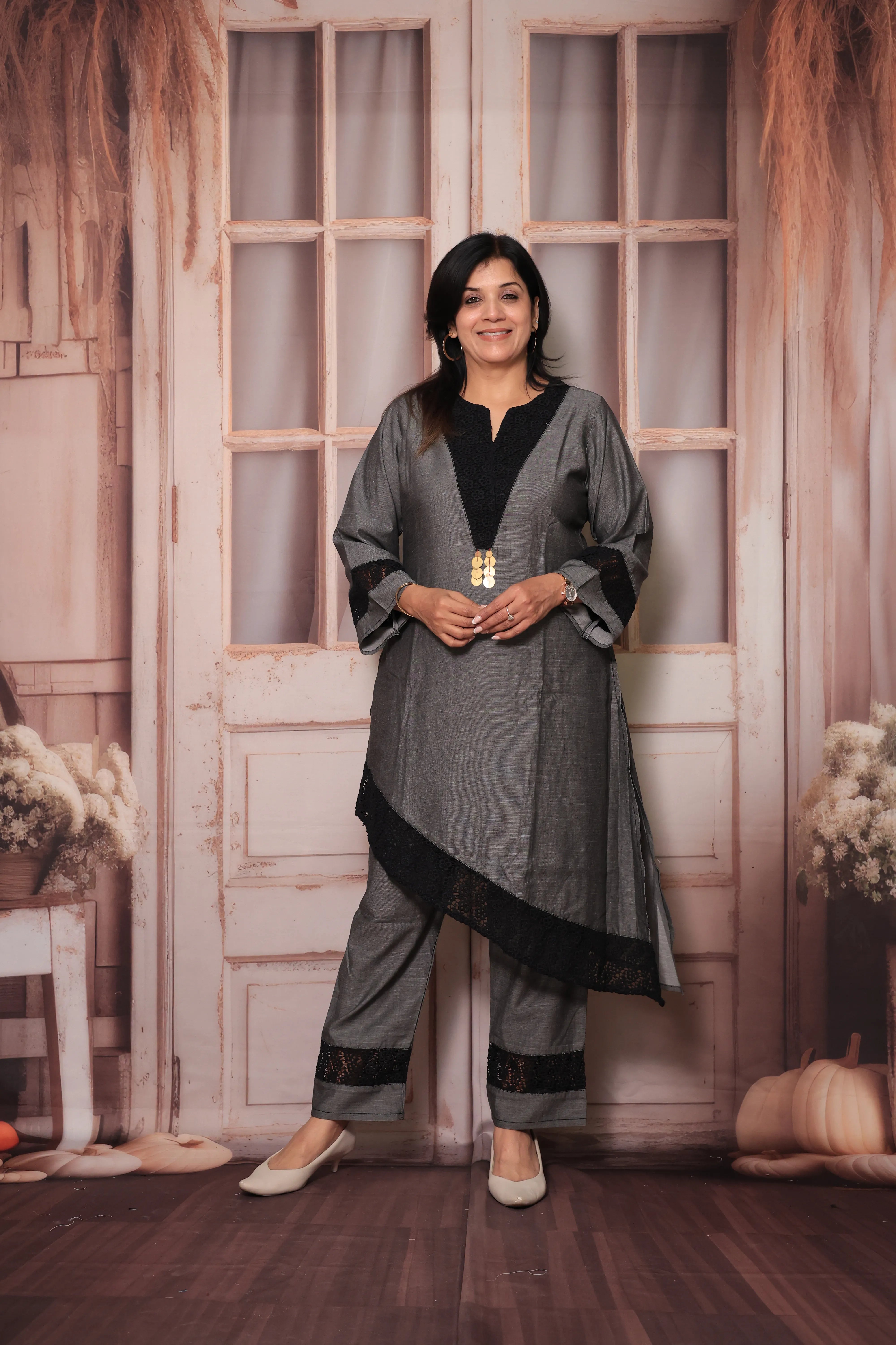 Grey Cross-Style Yoke Chikankari Embroidered Kurti Pant Co-Ord Set | Cotton Ethnic Wear