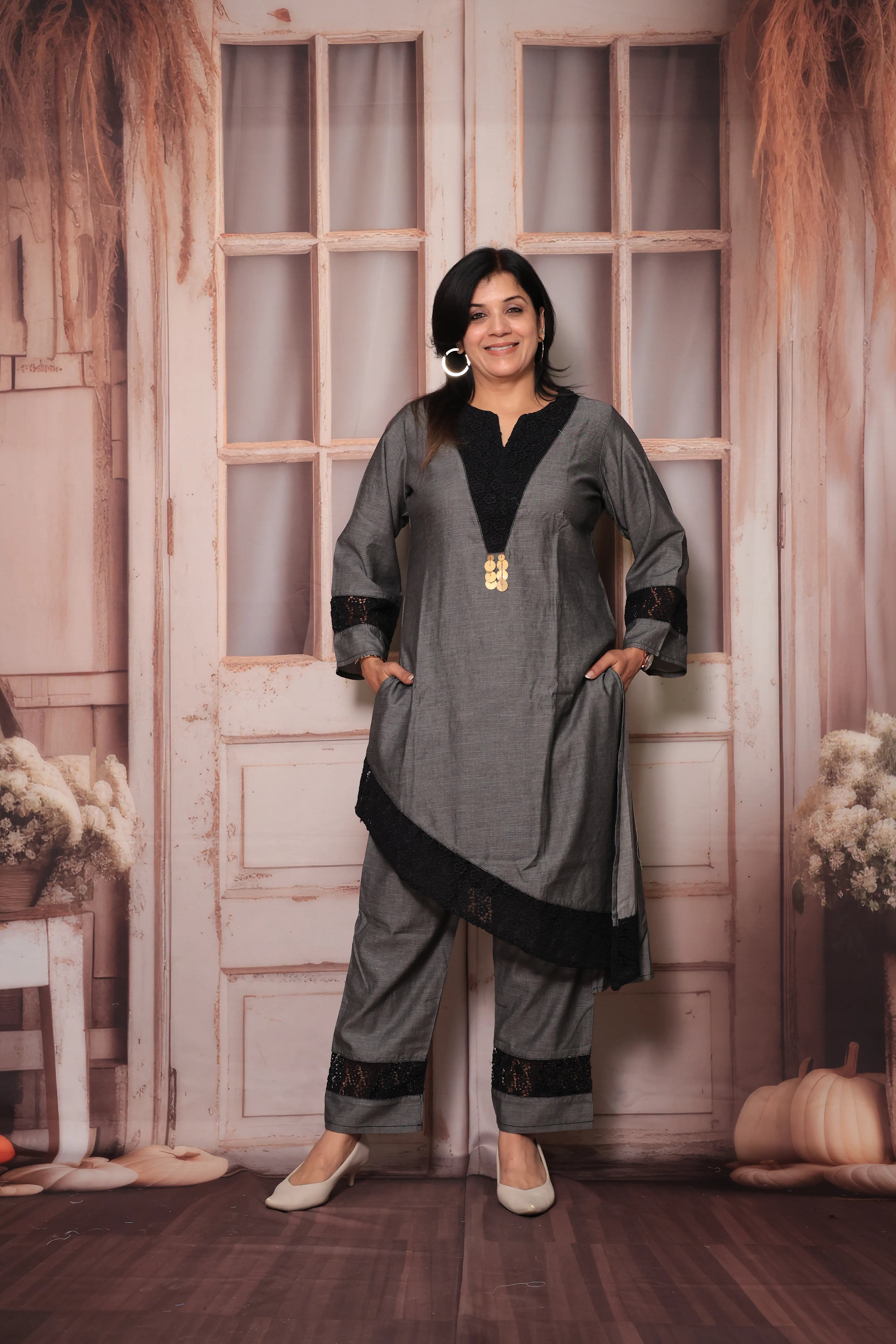 Grey Cross-Style Yoke Chikankari Embroidered Kurti Pant Co-Ord Set | Cotton Ethnic Wear