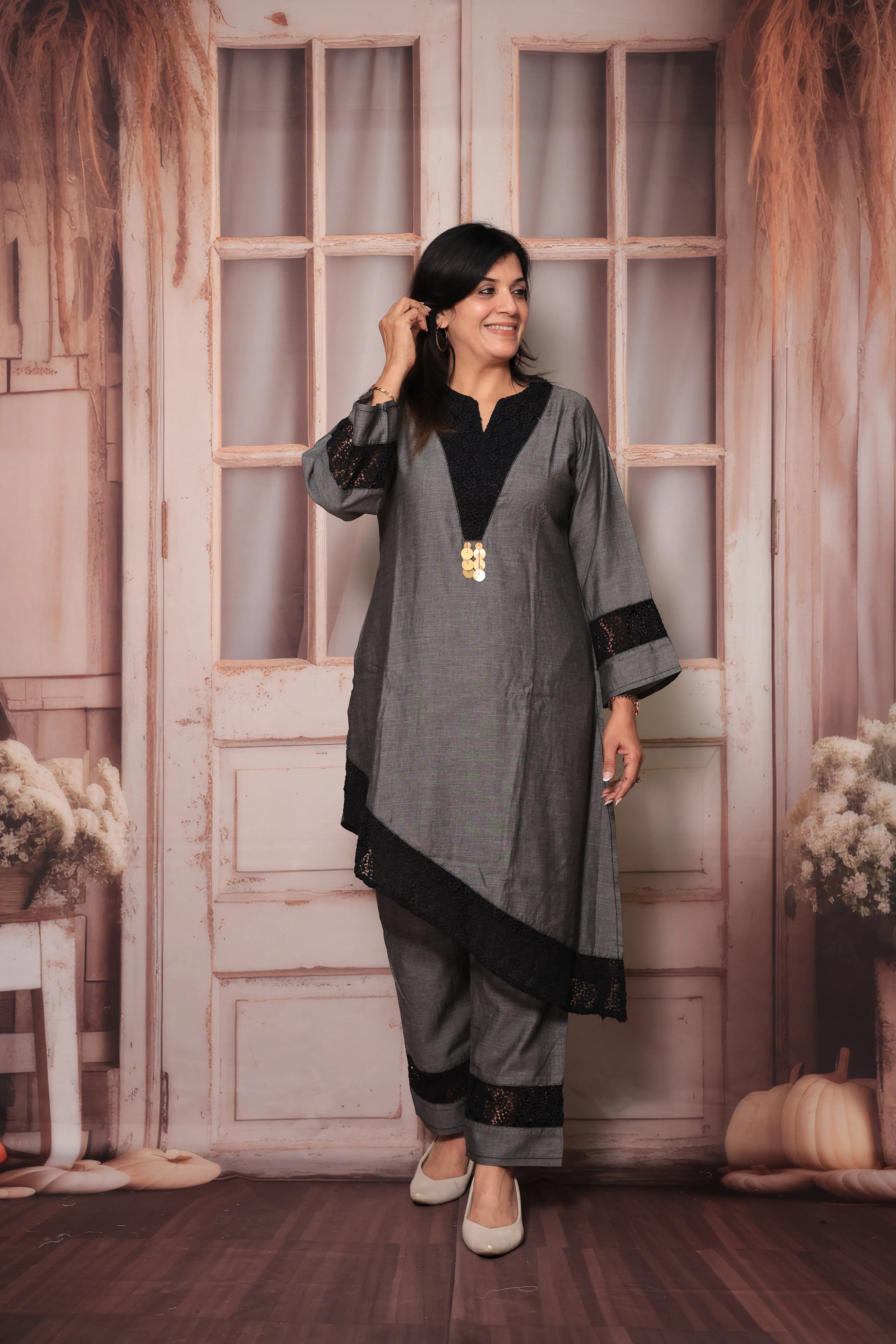 Grey Cross-Style Yoke Chikankari Embroidered Kurti Pant Co-Ord Set | Cotton Ethnic Wear