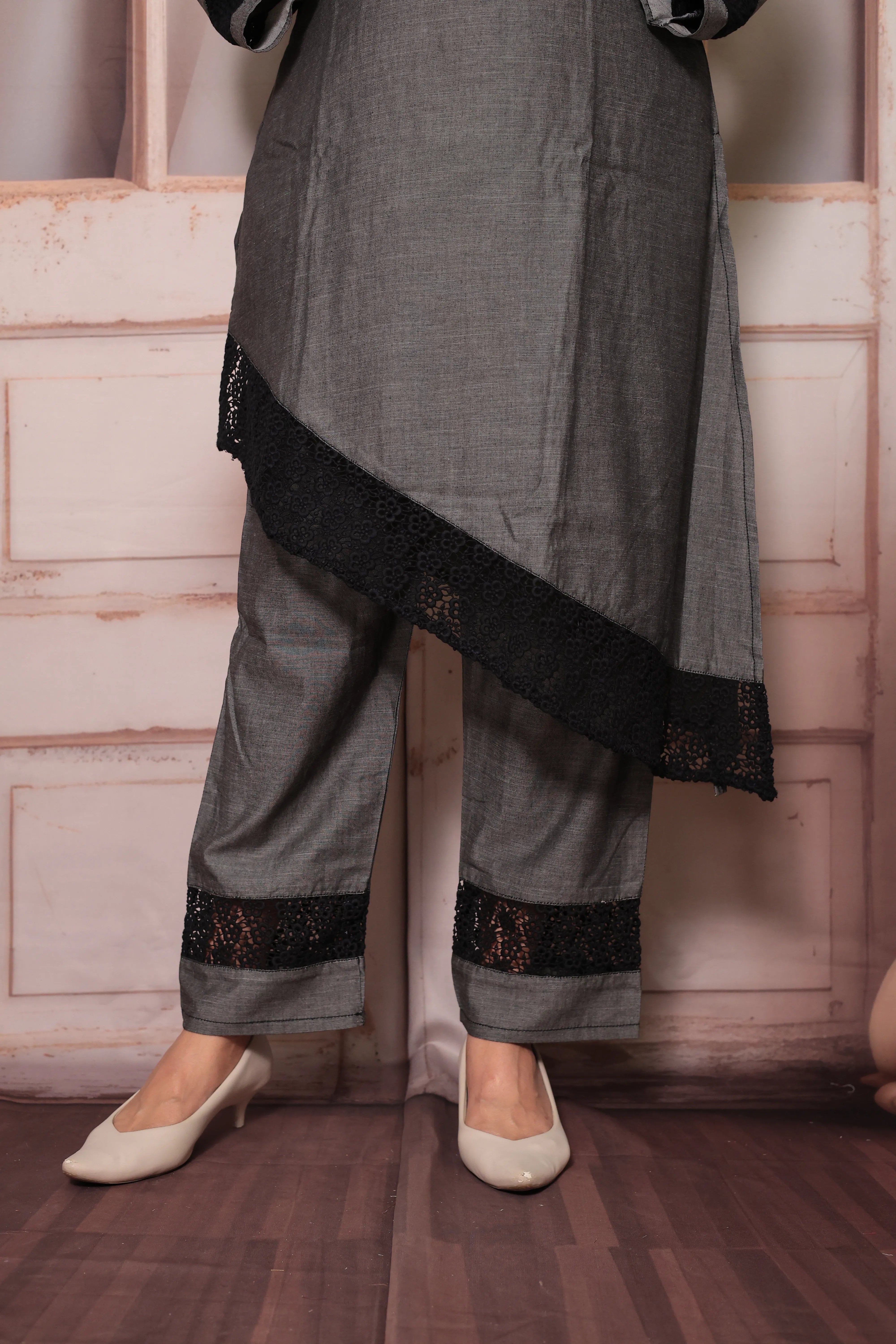Grey Cross-Style Yoke Chikankari Embroidered Kurti Pant Co-Ord Set | Cotton Ethnic Wear