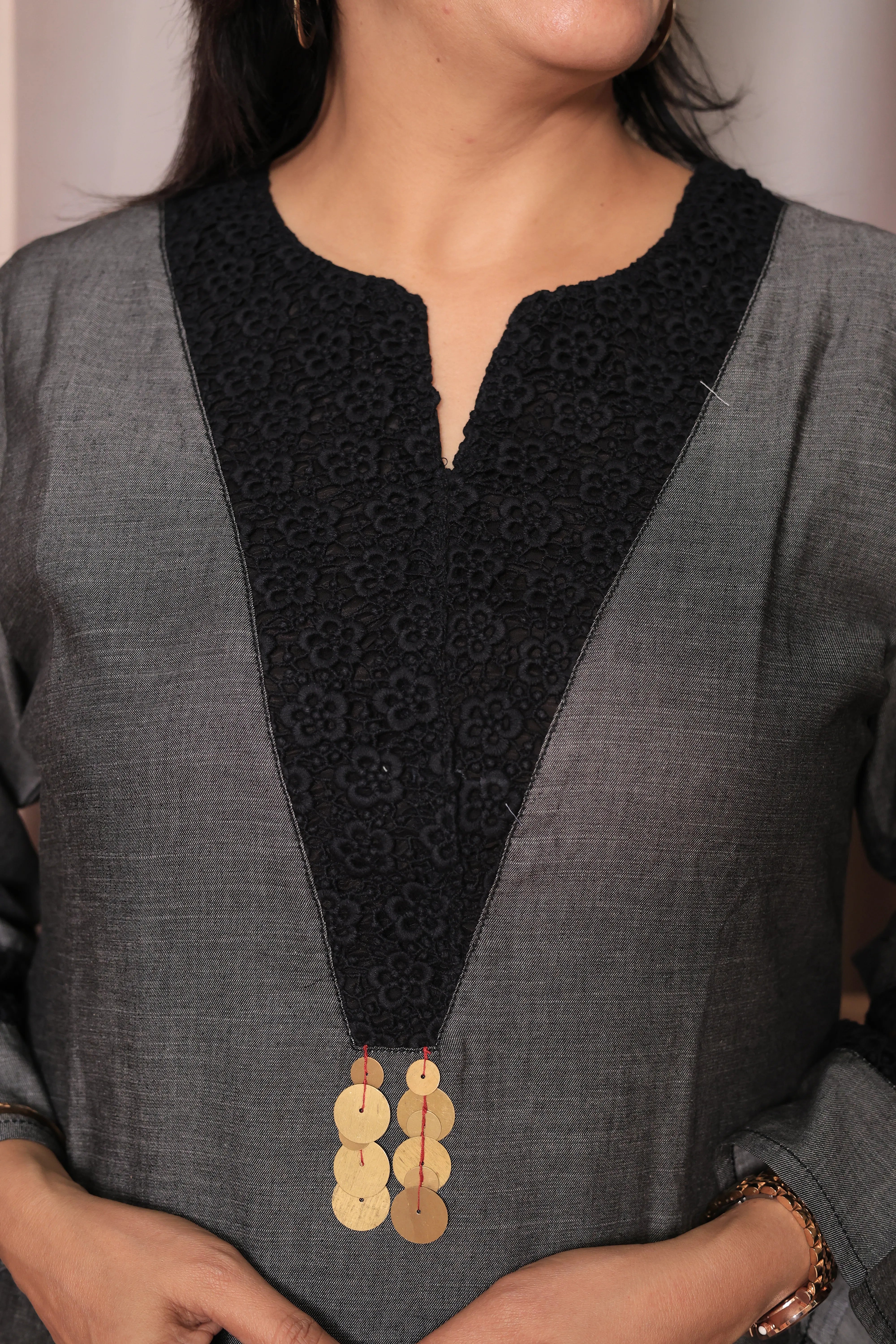 Grey Cross-Style Yoke Chikankari Embroidered Kurti Pant Co-Ord Set | Cotton Ethnic Wear