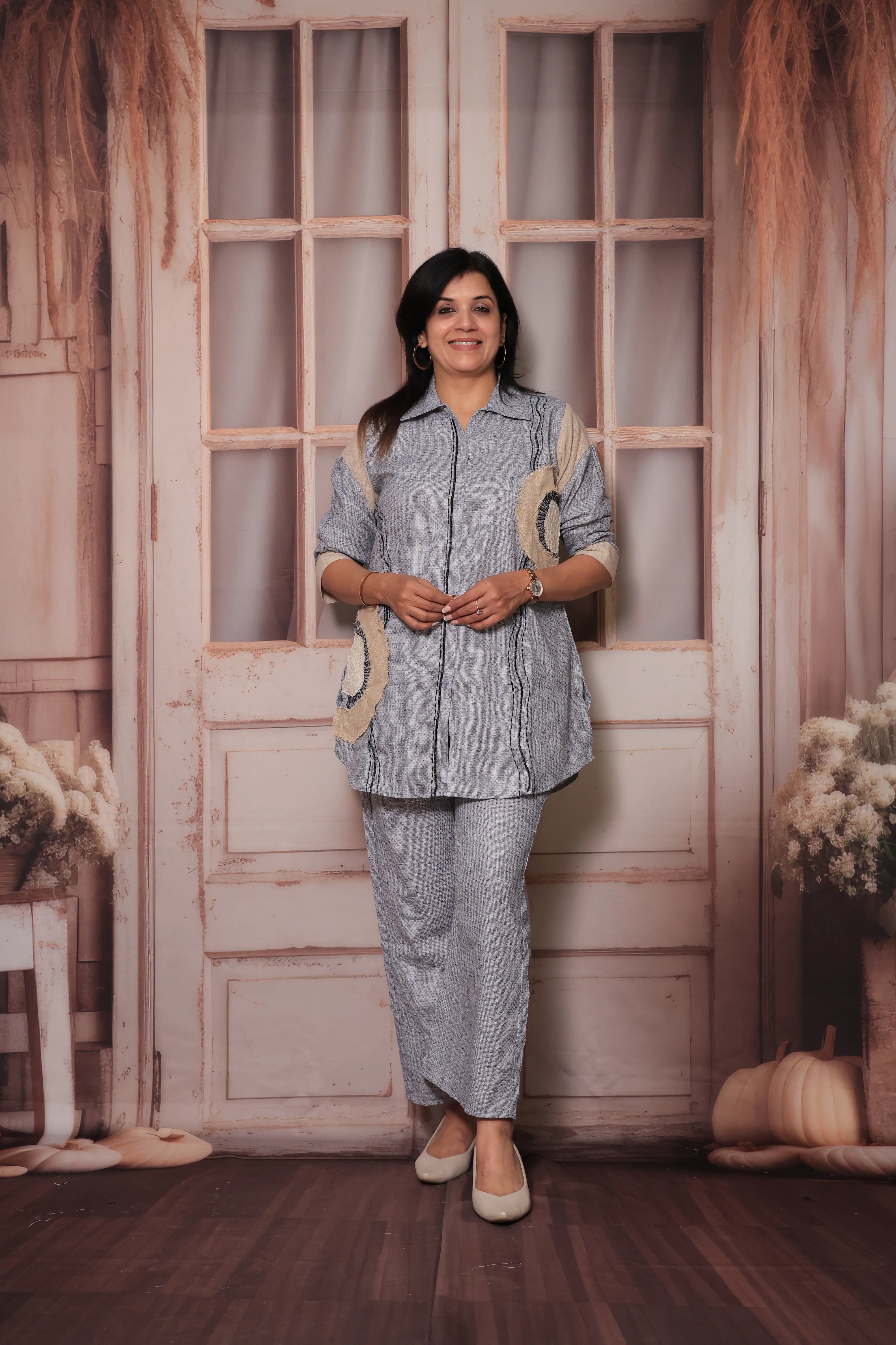 Petrel Blue Grey Collar Neck Top & Trouser Co-ord Set | Delicate Applique Work Ethnic Wear