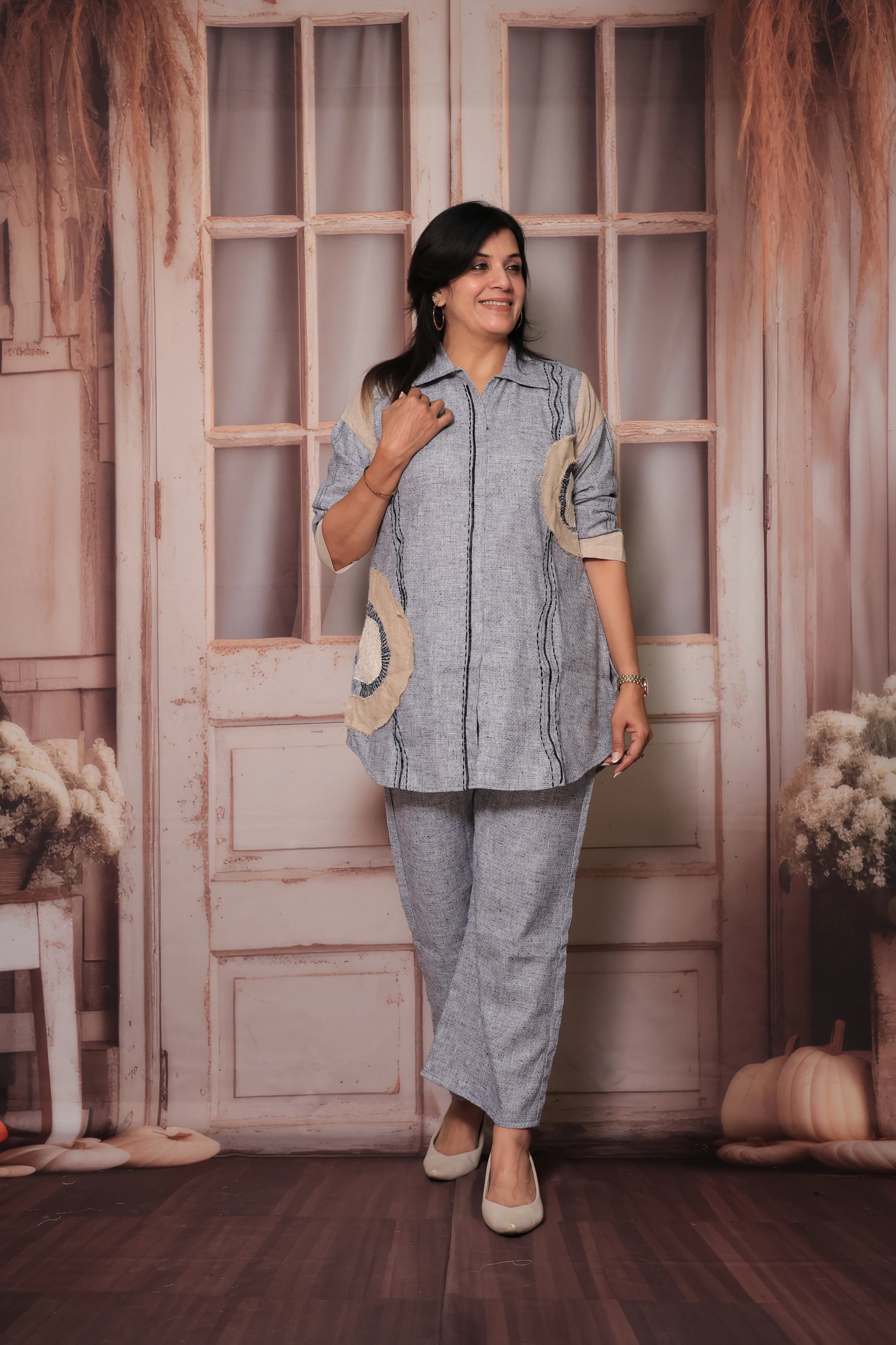 Petrel Blue Grey Collar Neck Top & Trouser Co-ord Set | Delicate Applique Work Ethnic Wear