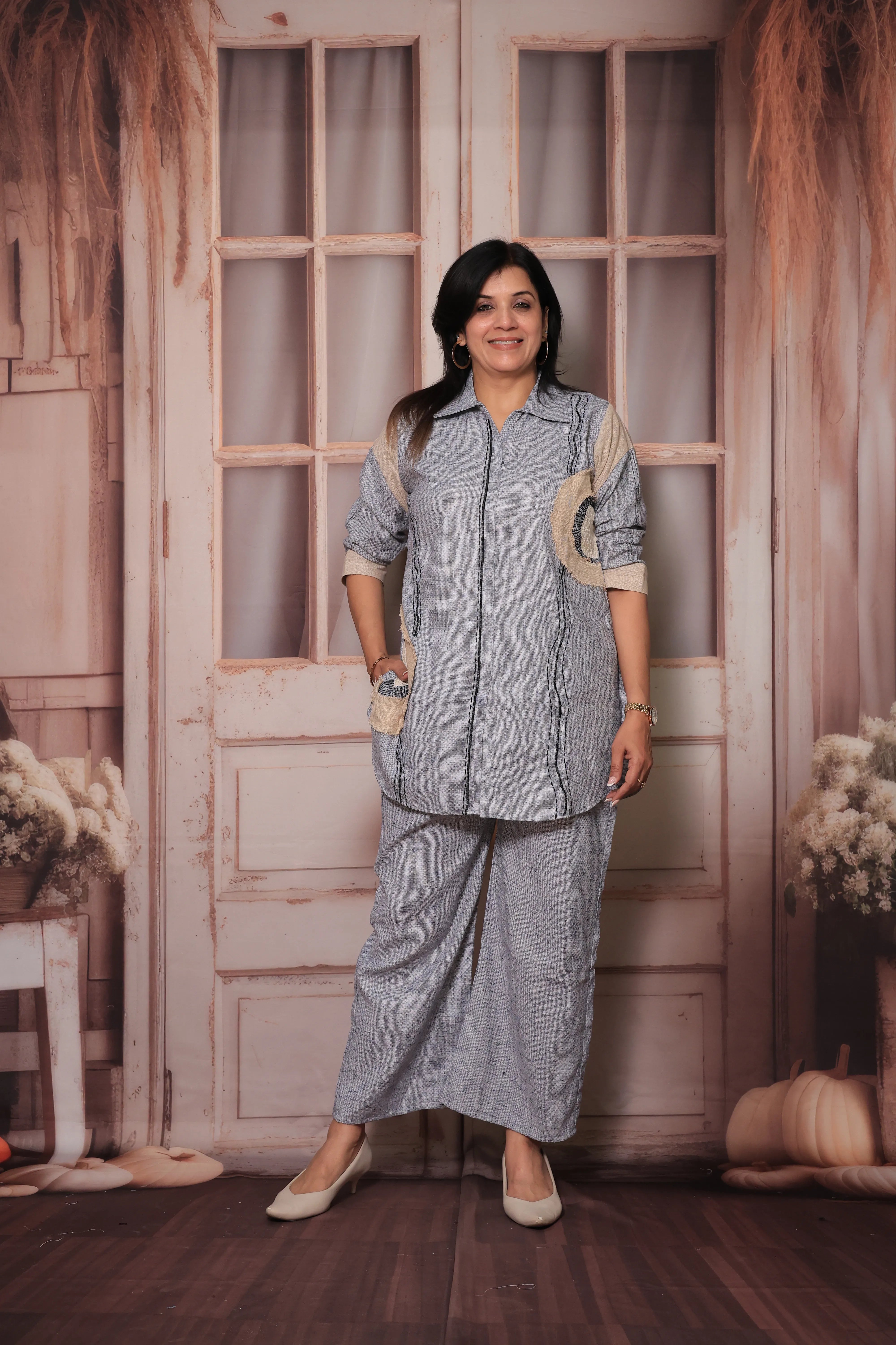Petrel Blue Grey Collar Neck Top & Trouser Co-ord Set | Delicate Applique Work Ethnic Wear