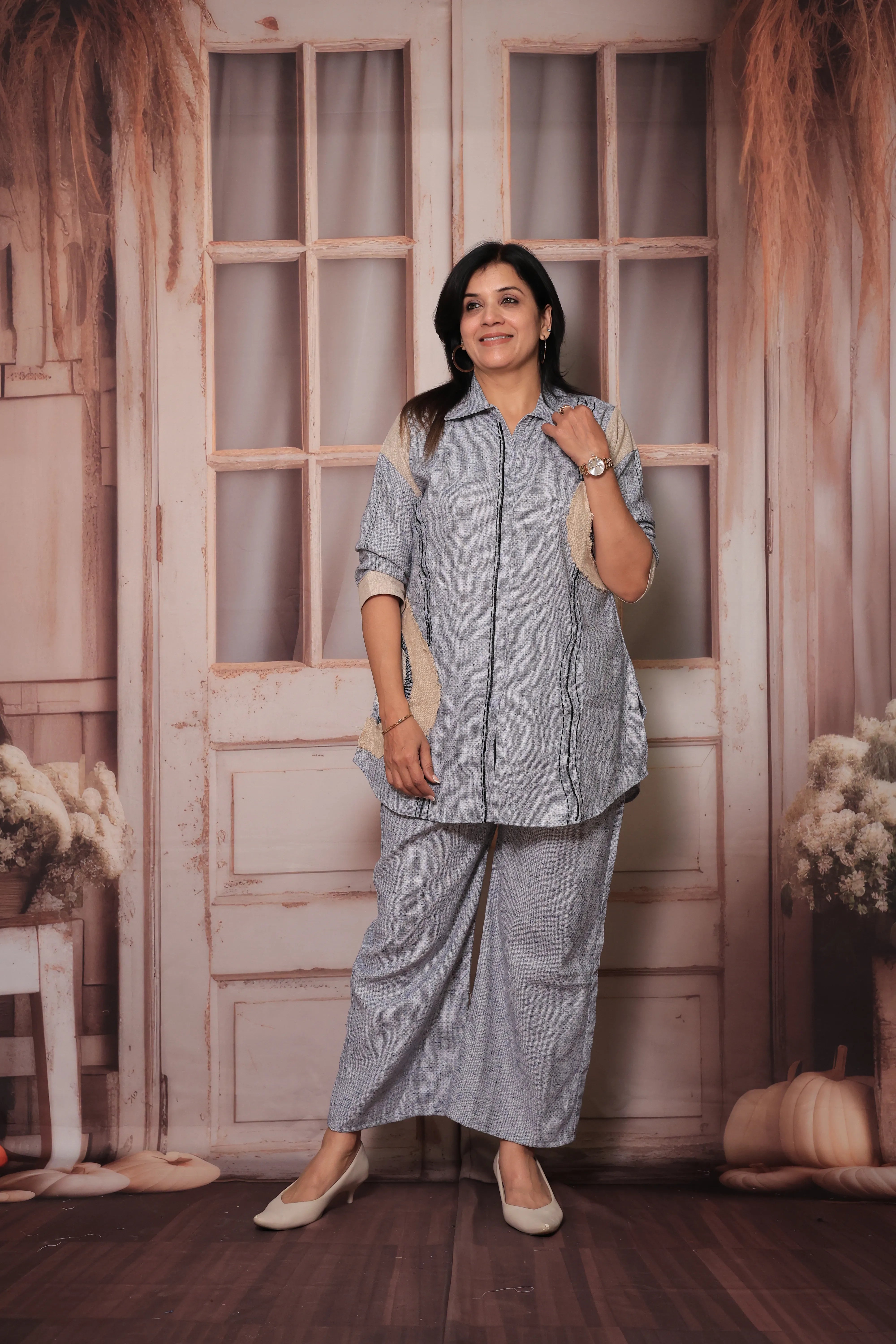 Petrel Blue Grey Collar Neck Top & Trouser Co-ord Set | Delicate Applique Work Ethnic Wear