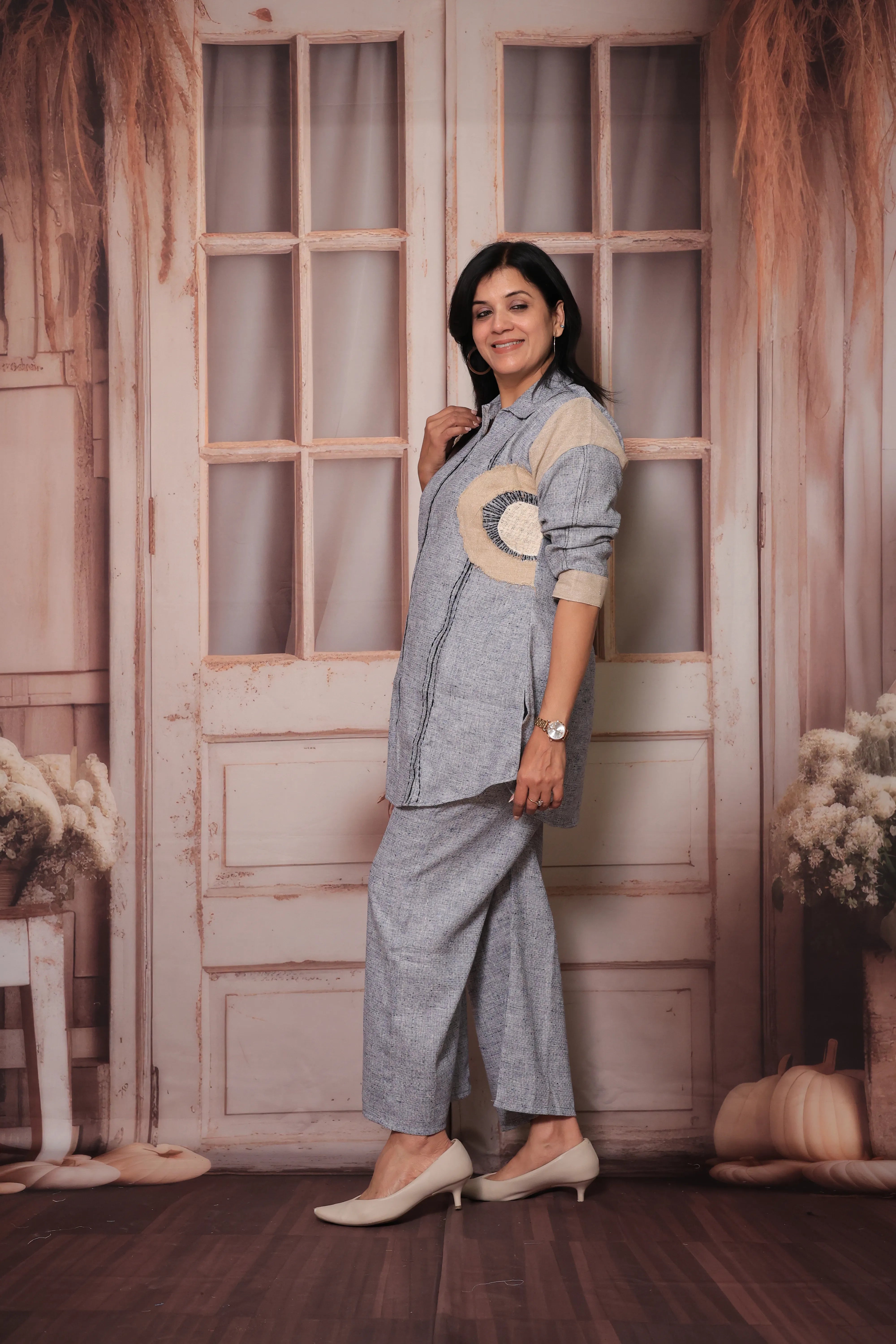 Petrel Blue Grey Collar Neck Top & Trouser Co-ord Set | Delicate Applique Work Ethnic Wear