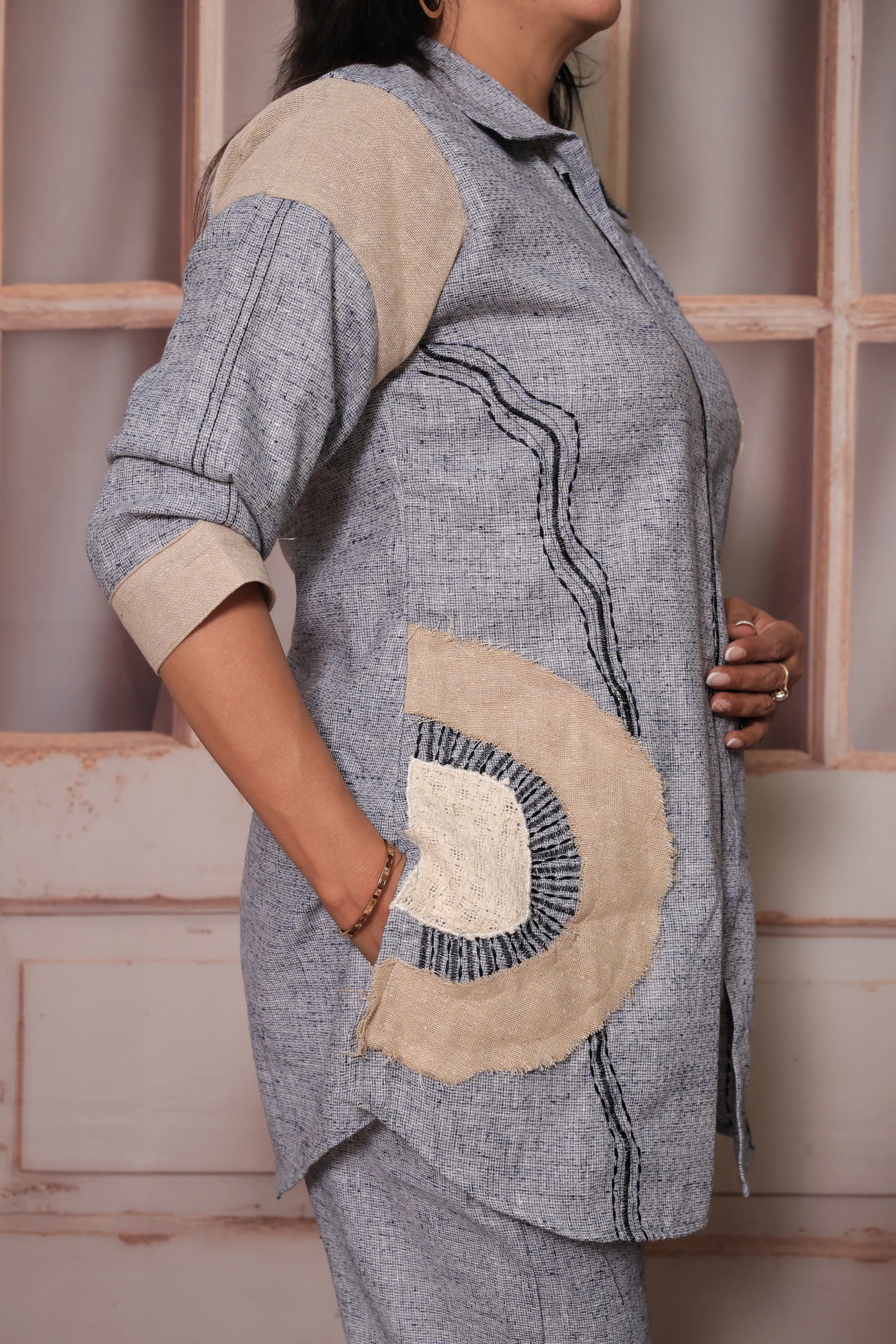 Petrel Blue Grey Collar Neck Top & Trouser Co-ord Set | Delicate Applique Work Ethnic Wear