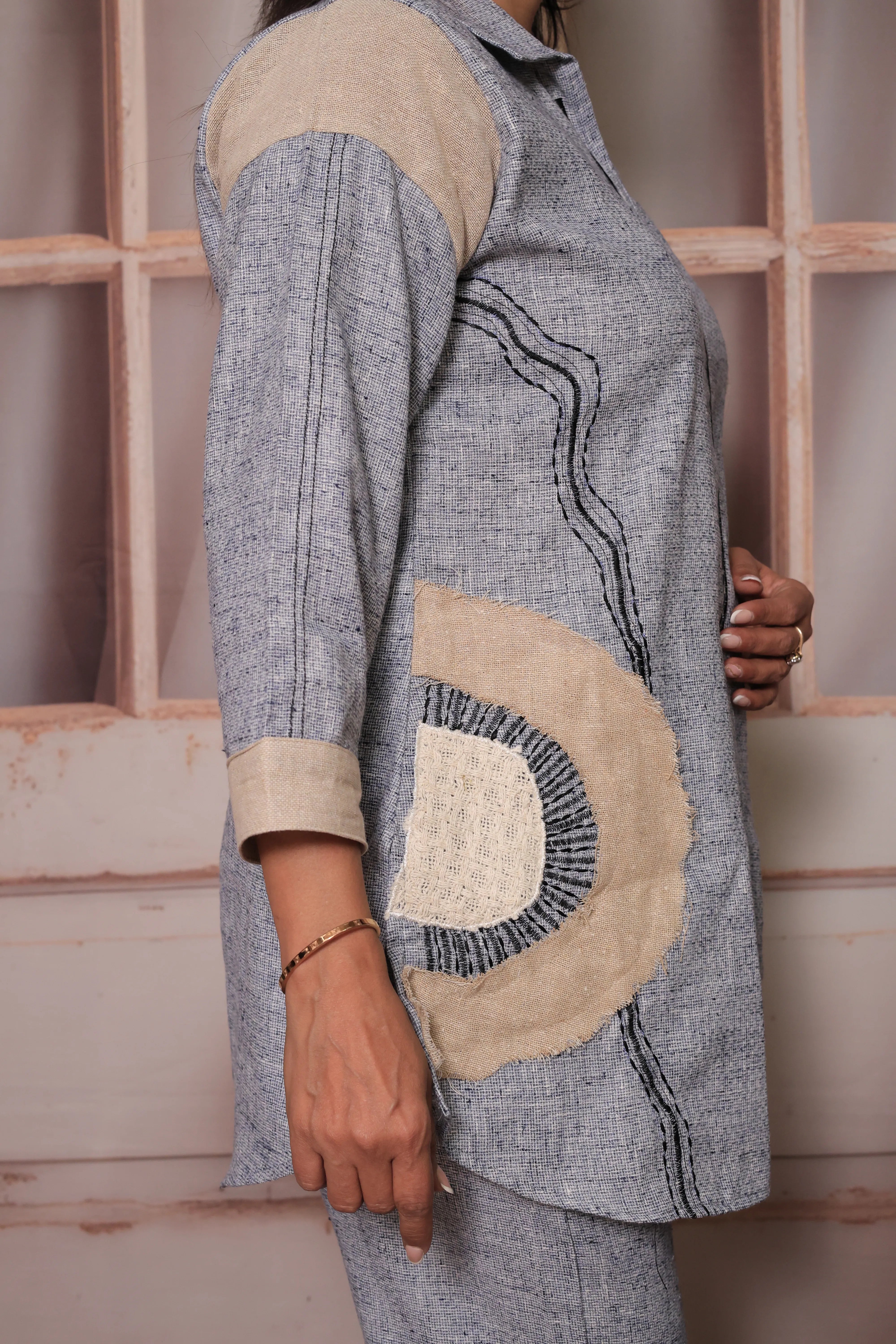 Petrel Blue Grey Collar Neck Top & Trouser Co-ord Set | Delicate Applique Work Ethnic Wear