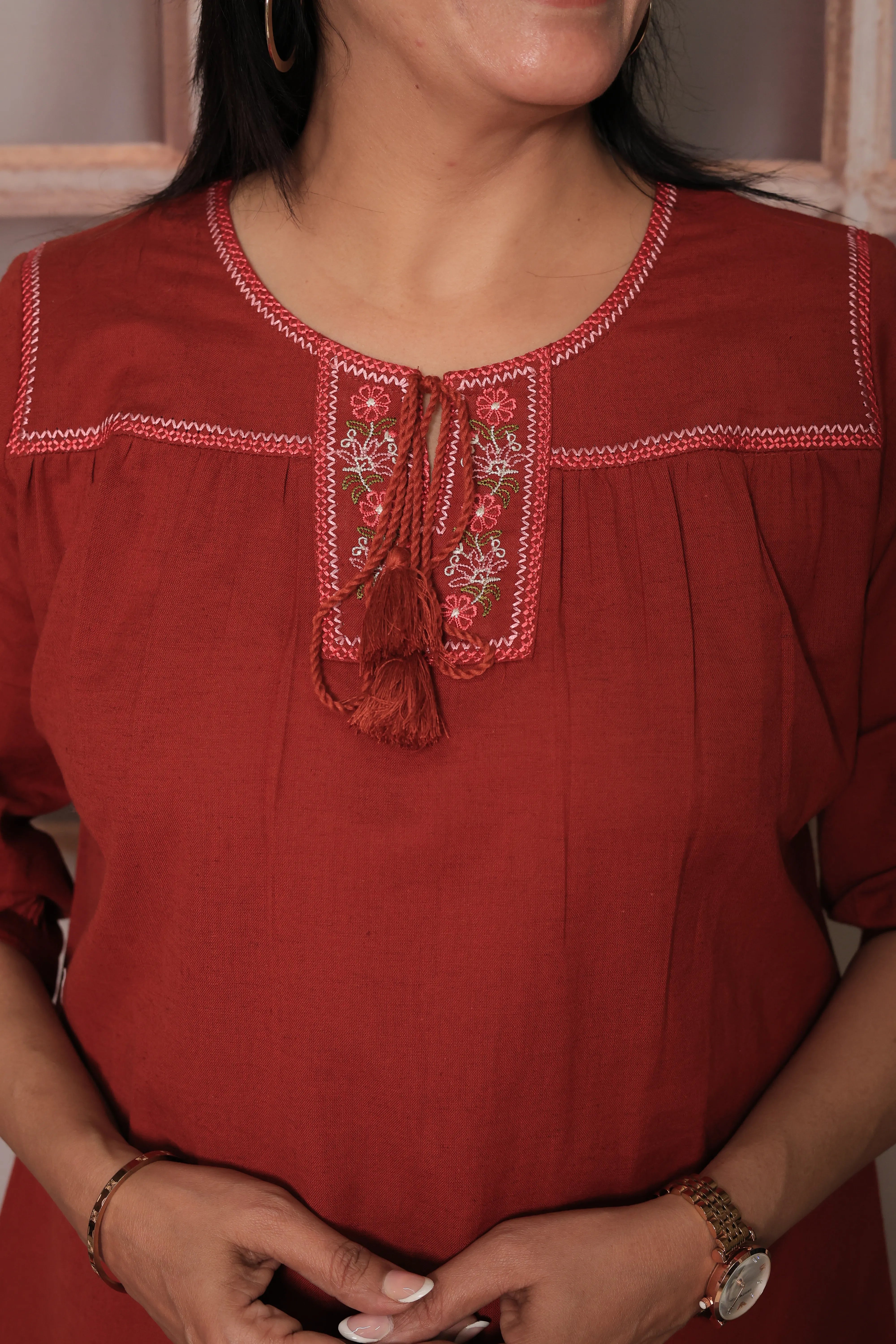 Rust Floral Yoke Design Pure Cotton Short Tunic Top for Women