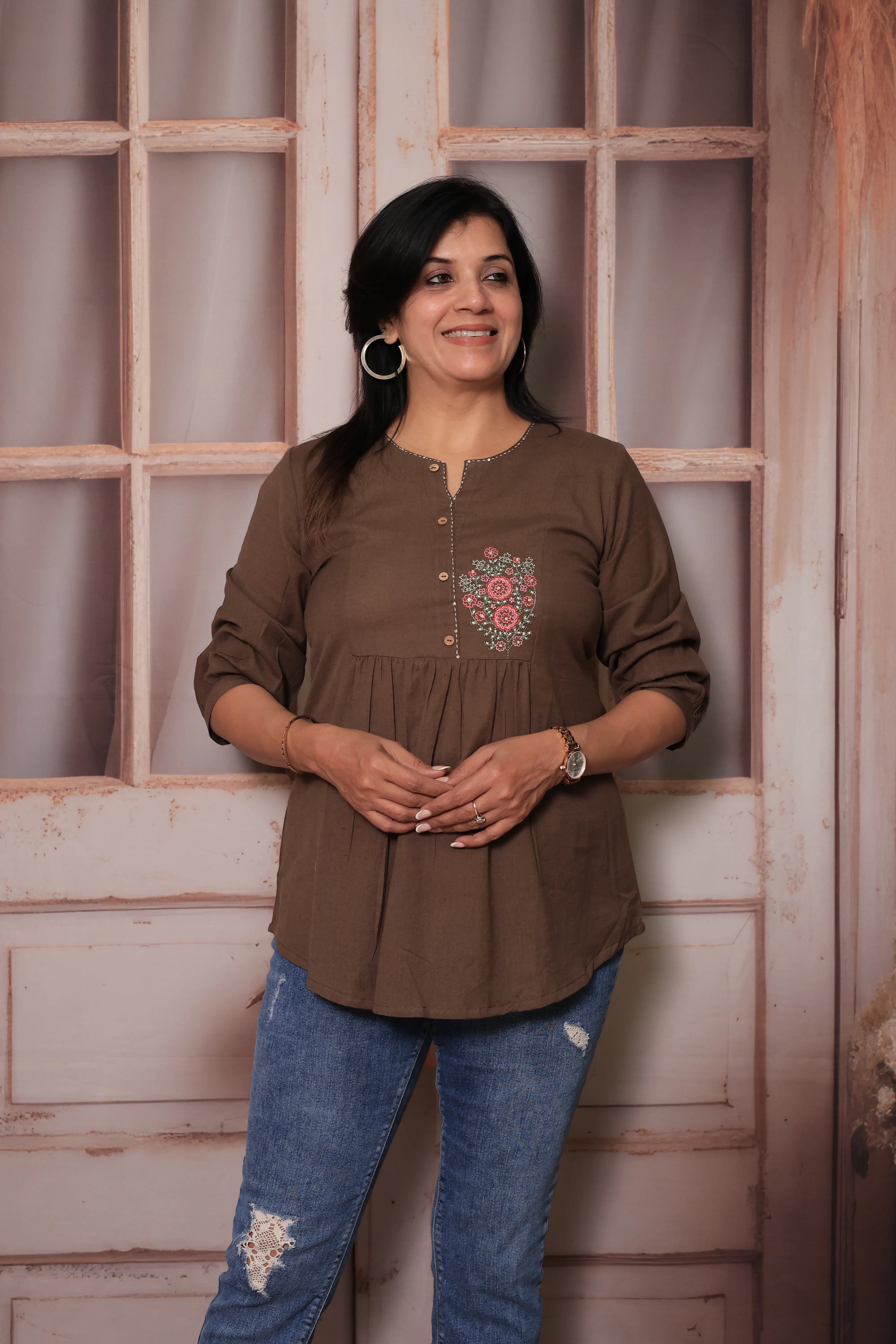 Brown Floral Embroidered Pure Cotton Short Tunic Top with Pearl Sequins for Women