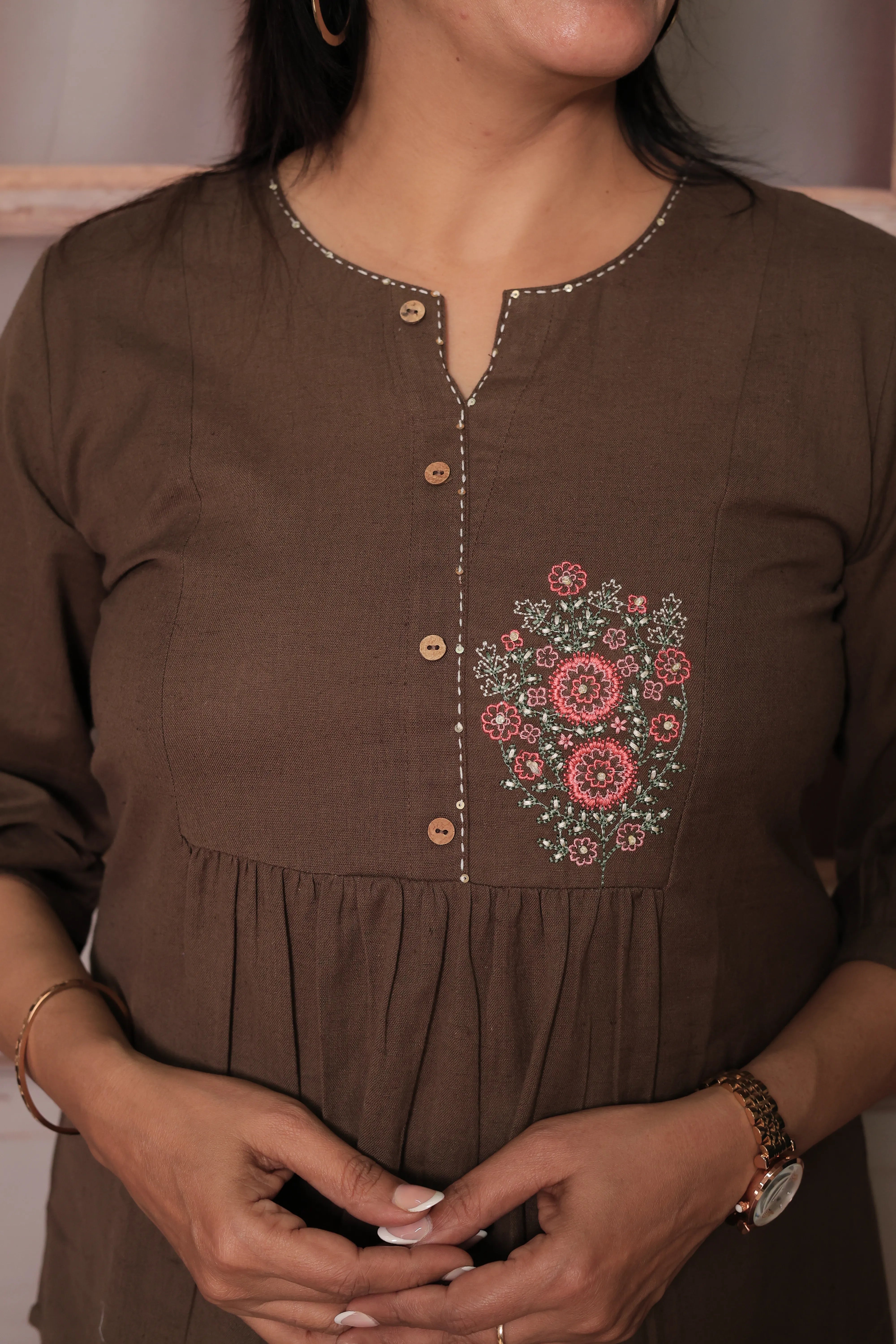 Brown Floral Embroidered Pure Cotton Short Tunic Top with Pearl Sequins for Women