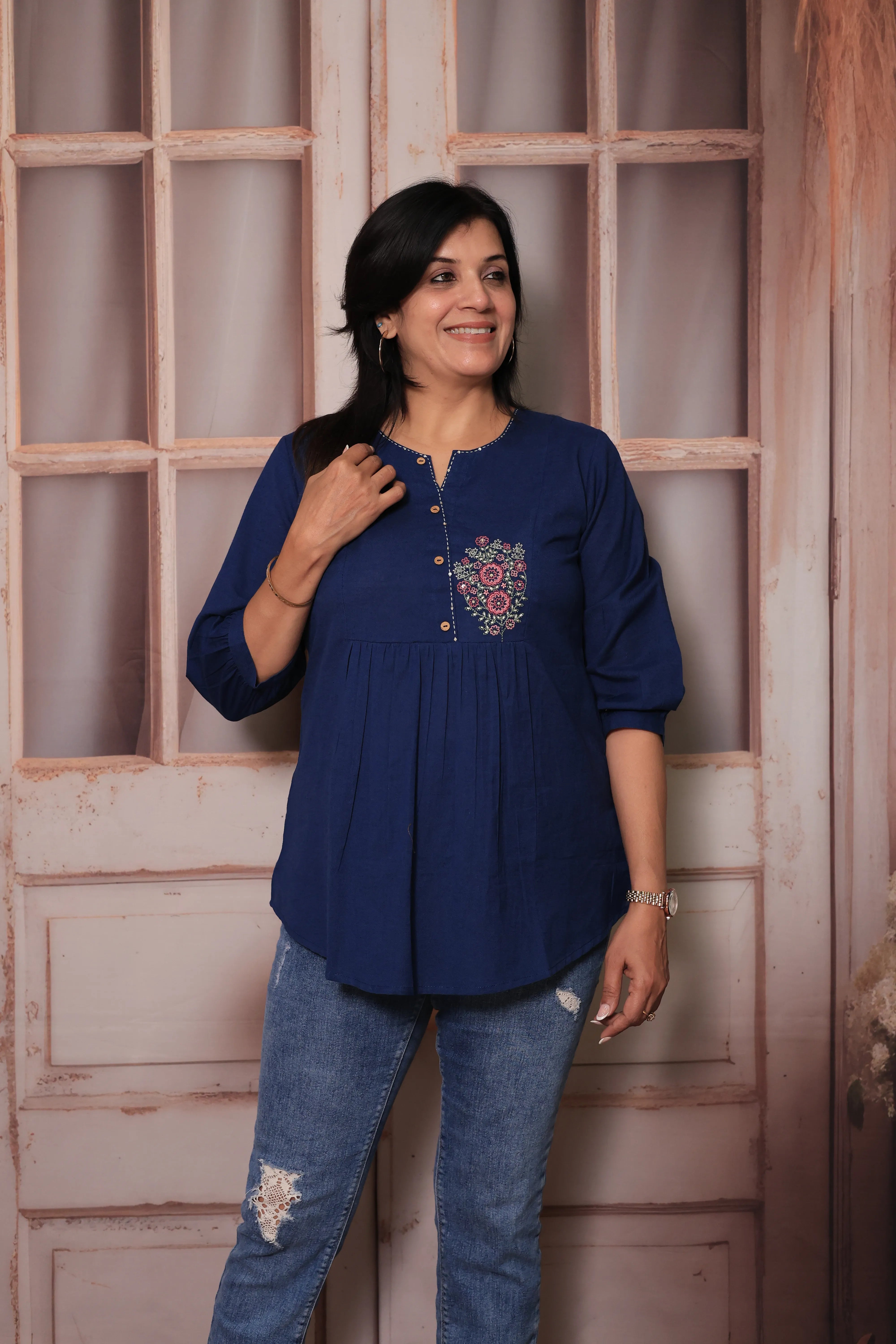 Oxford Blue Floral Embroidered Pure Cotton Short Tunic Top with Pearl Sequins for Women