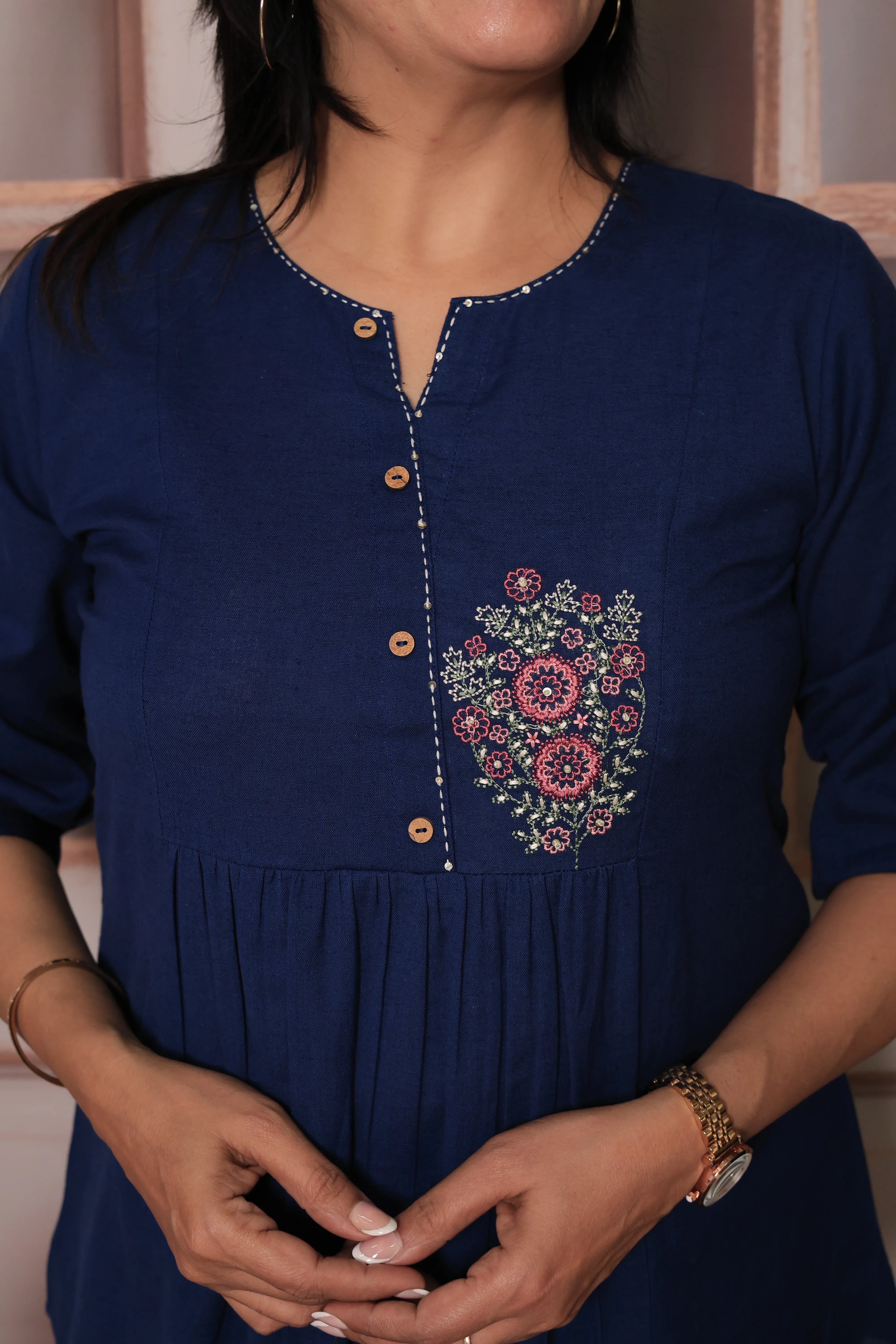 Oxford Blue Floral Embroidered Pure Cotton Short Tunic Top with Pearl Sequins for Women