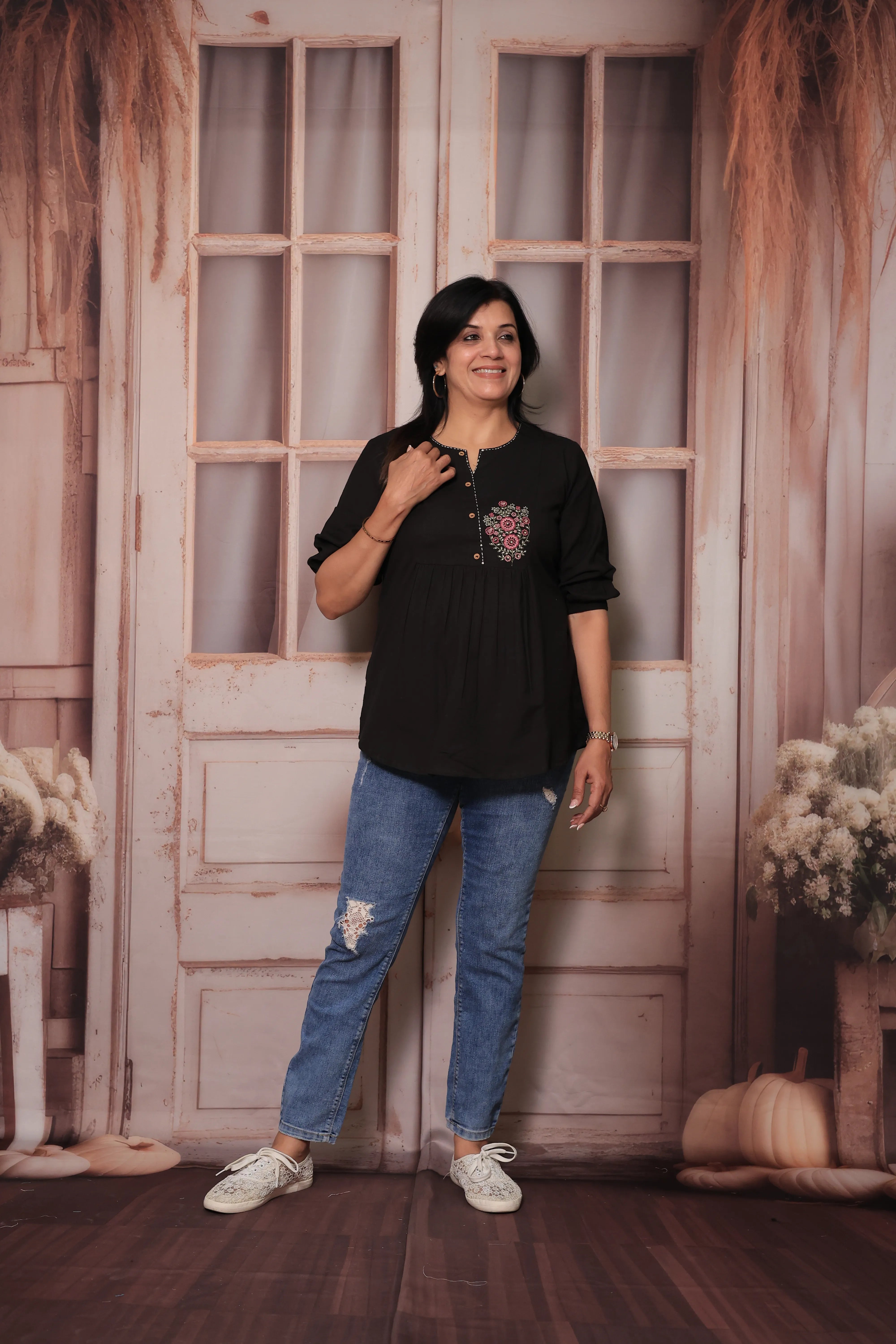 Black Floral Embroidered Pure Cotton Short Tunic Top for Women