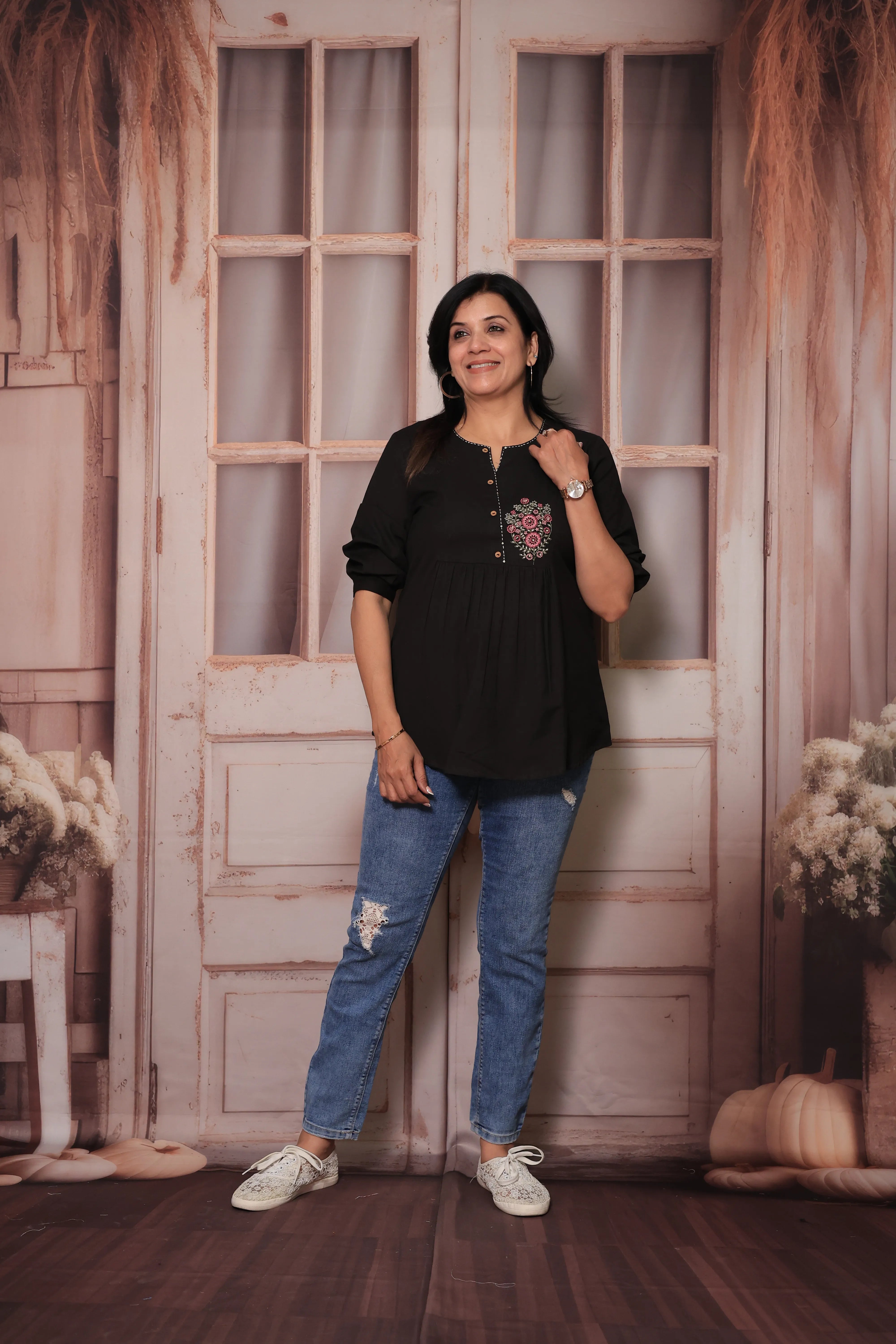 Black Floral Embroidered Pure Cotton Short Tunic Top for Women