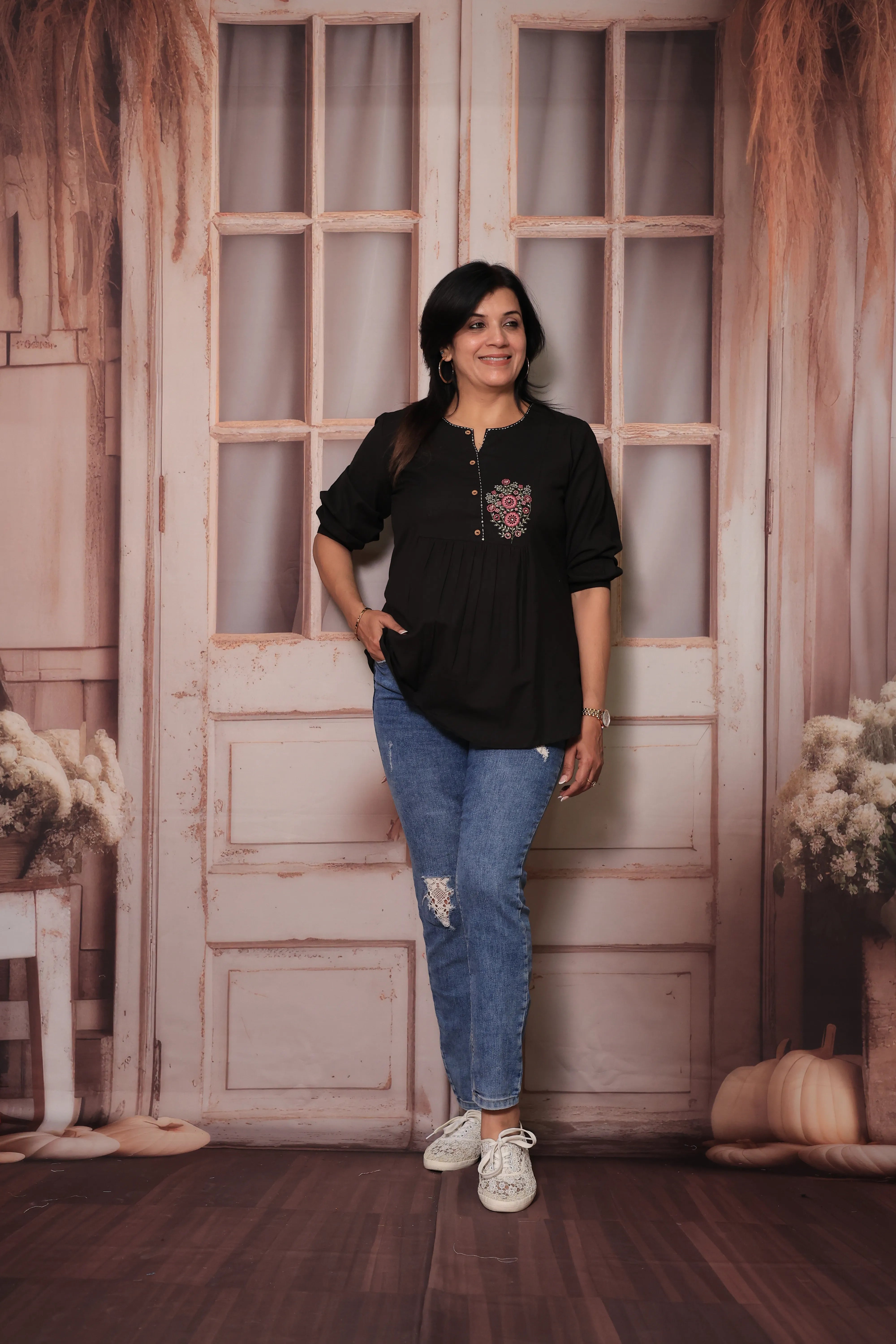 Black Floral Embroidered Pure Cotton Short Tunic Top for Women