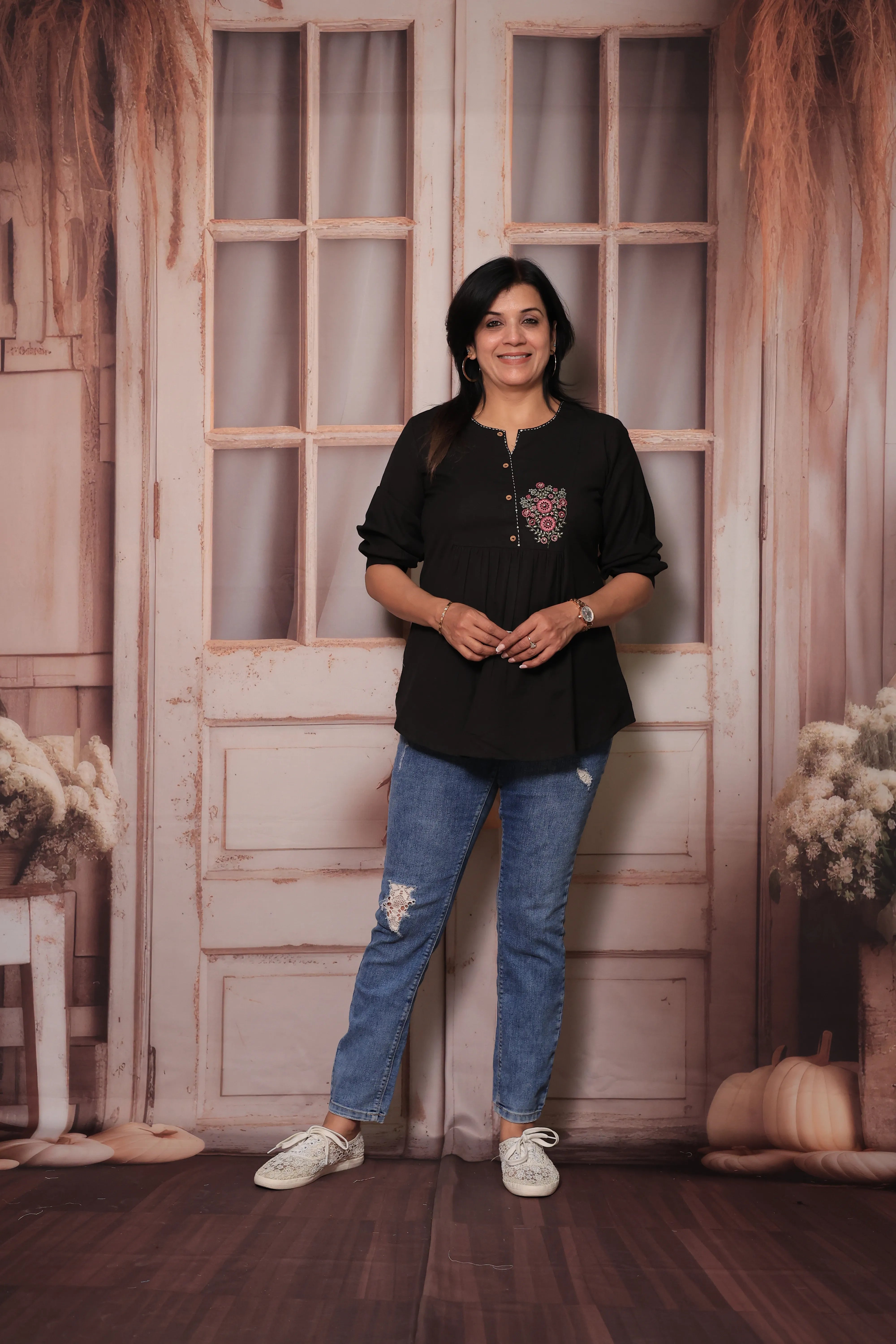 Black Floral Embroidered Pure Cotton Short Tunic Top for Women
