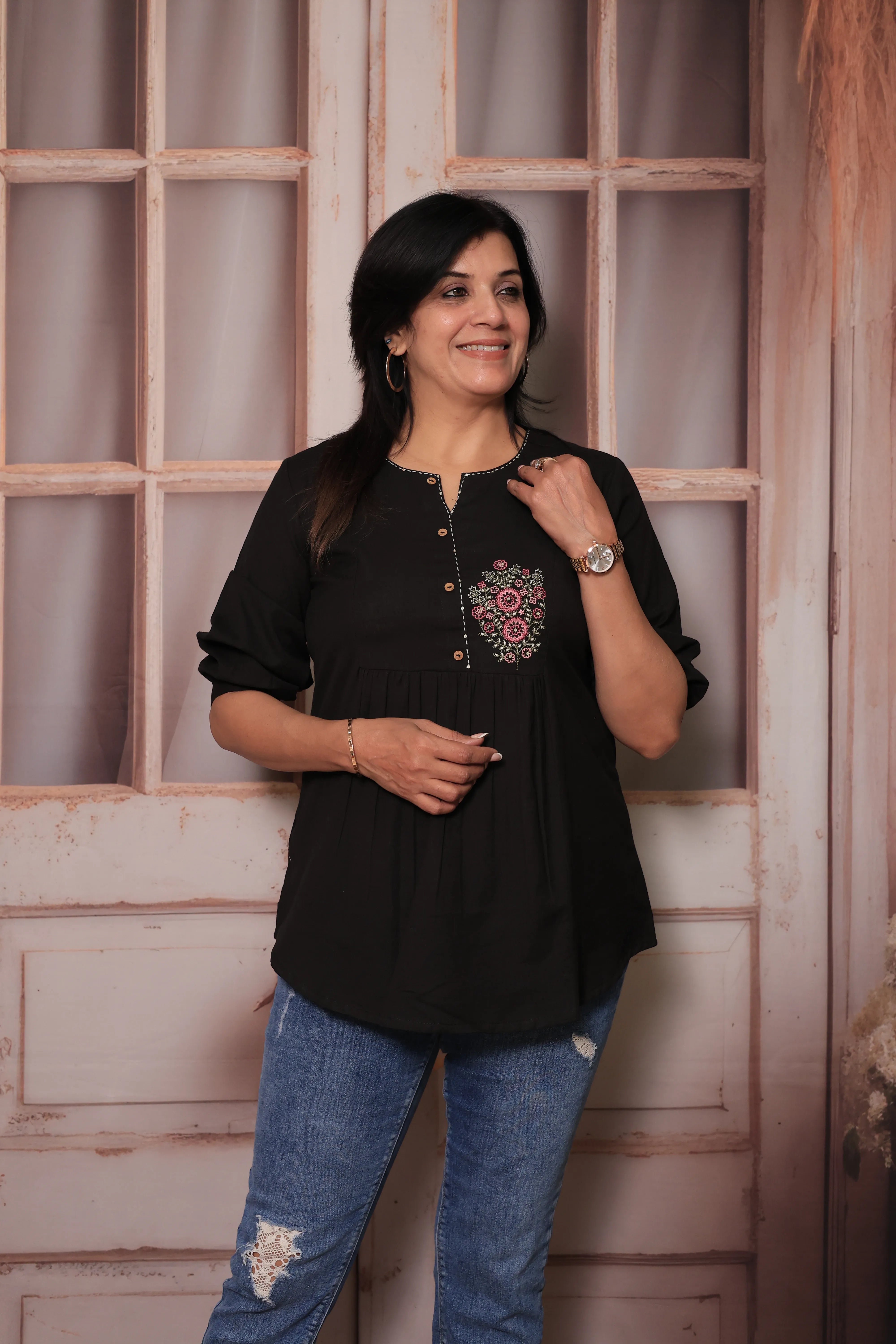 Black Floral Embroidered Pure Cotton Short Tunic Top for Women