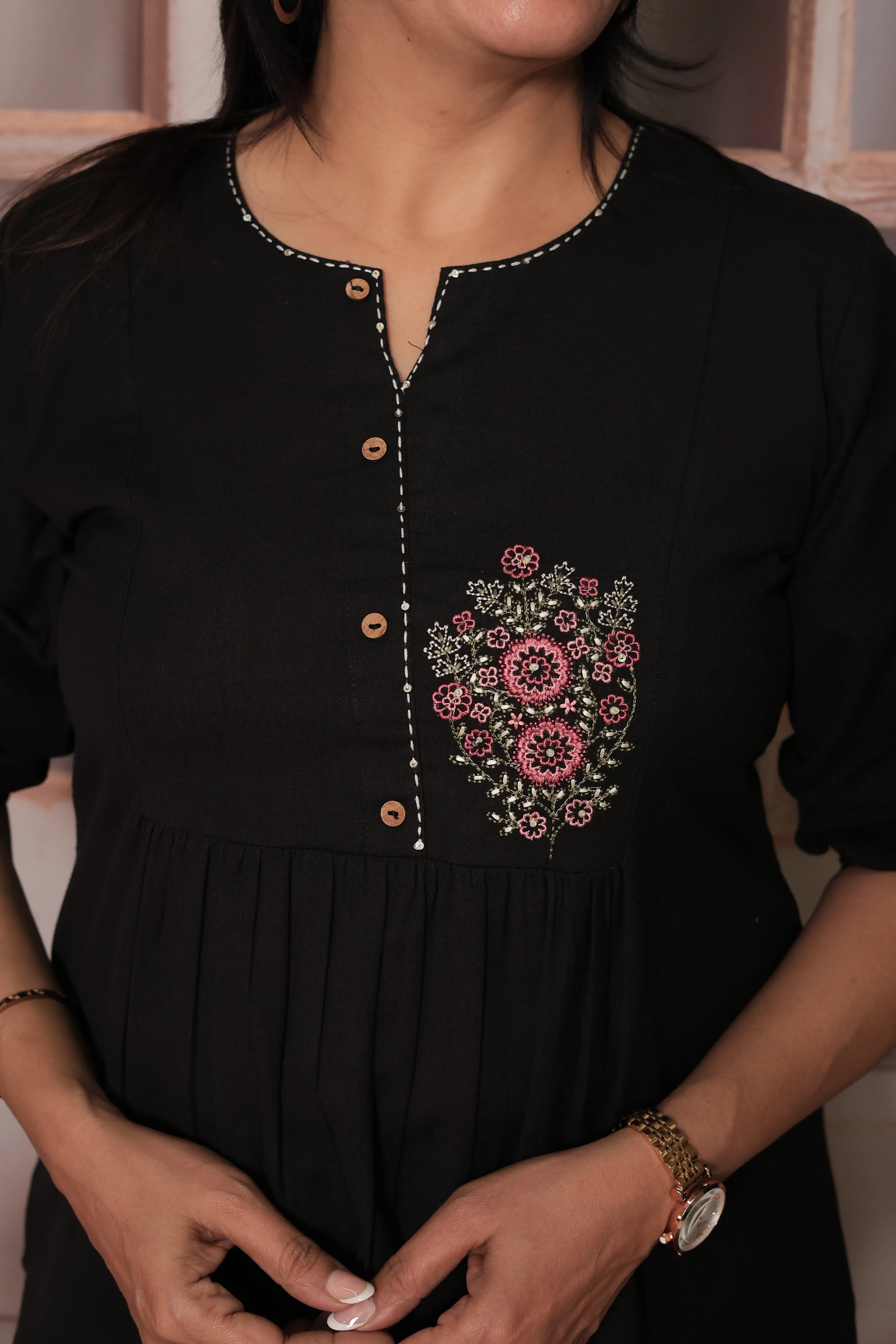 Black Floral Embroidered Pure Cotton Short Tunic Top for Women