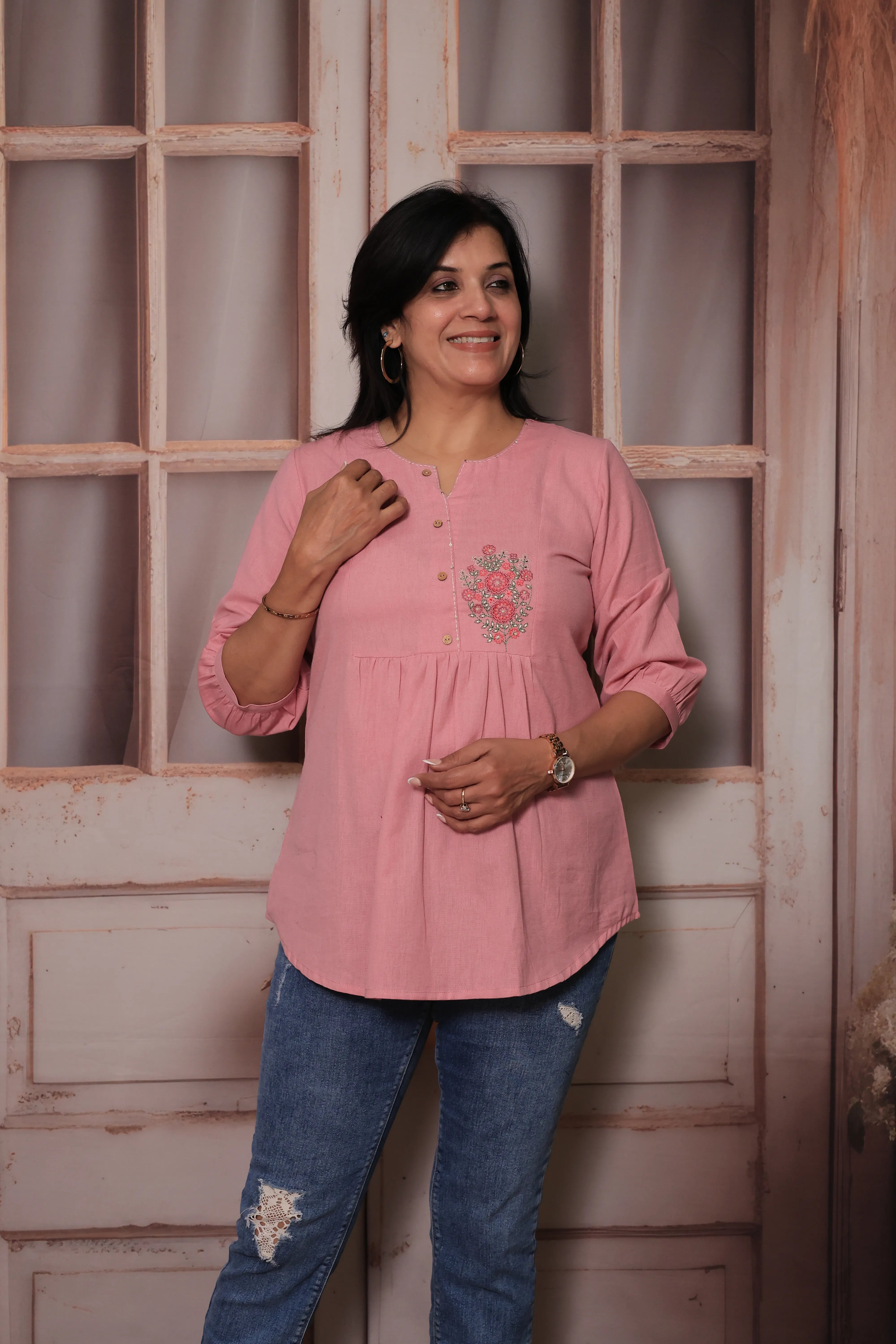 Carnation Pink Floral Embroidered Pure Cotton Short Tunic Top for Women