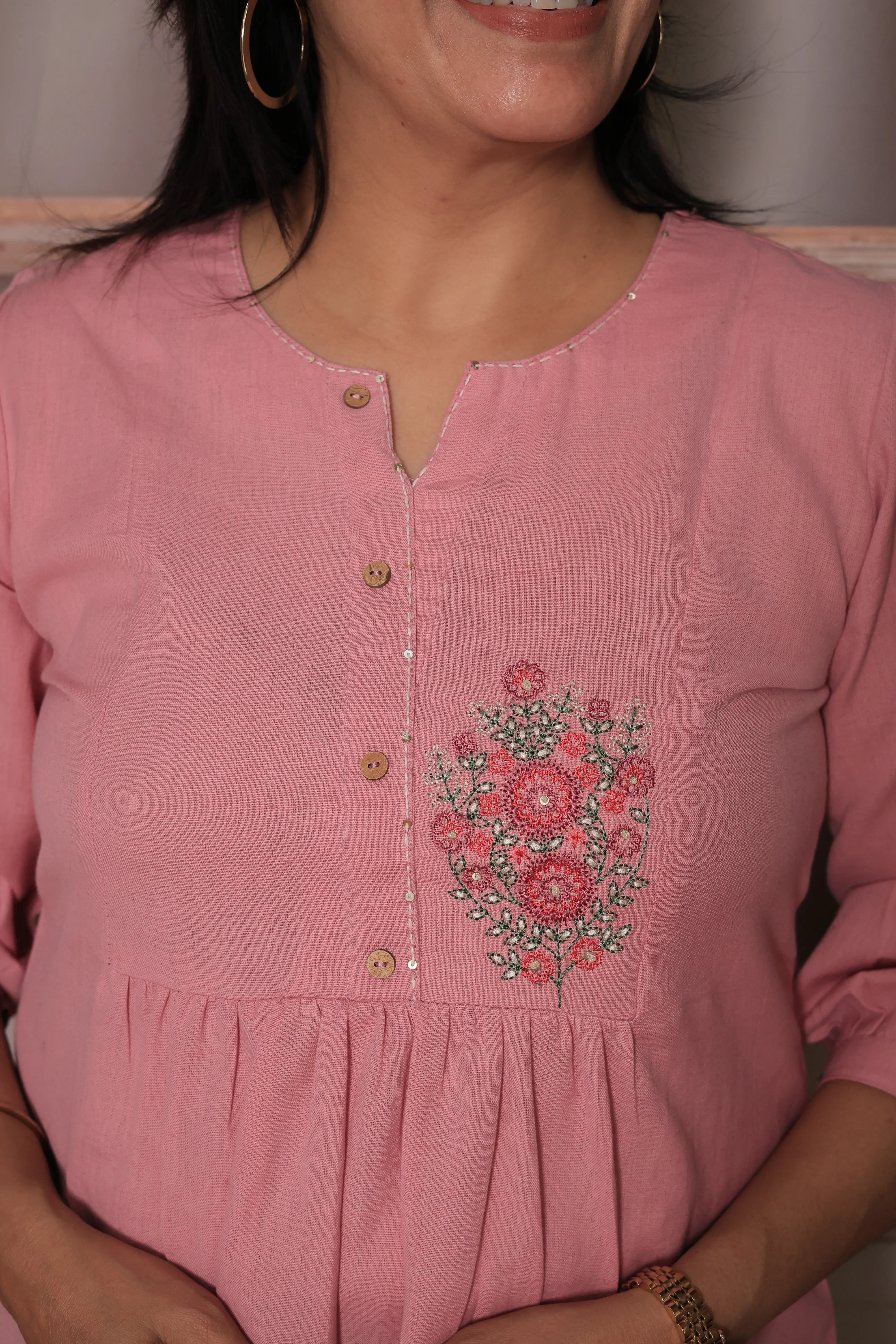 Carnation Pink Floral Embroidered Pure Cotton Short Tunic Top for Women
