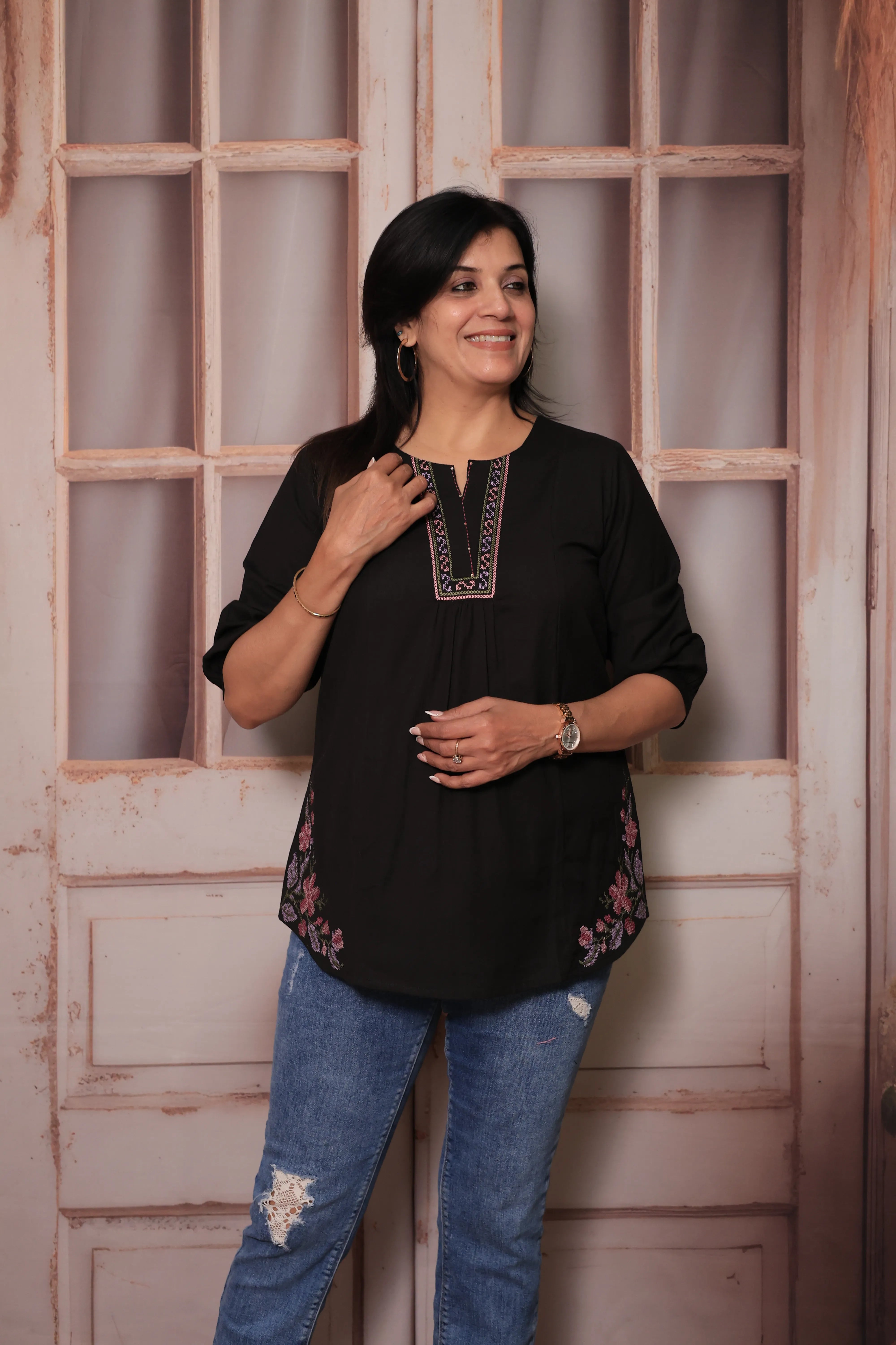 Black Floral Embroidered Yoke Design Pure Cotton Short Tunic Top for Women