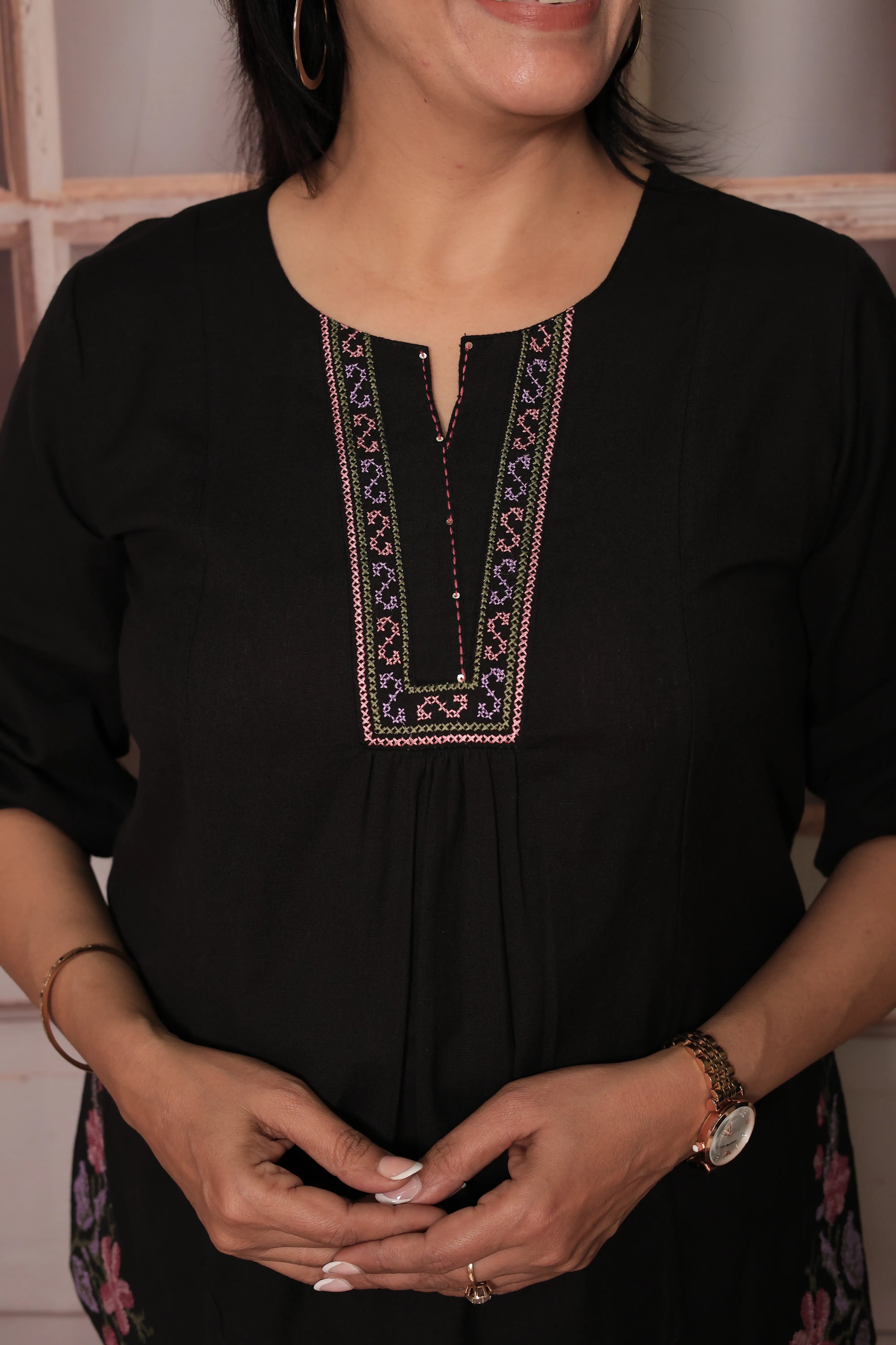Black Floral Embroidered Yoke Design Pure Cotton Short Tunic Top for Women