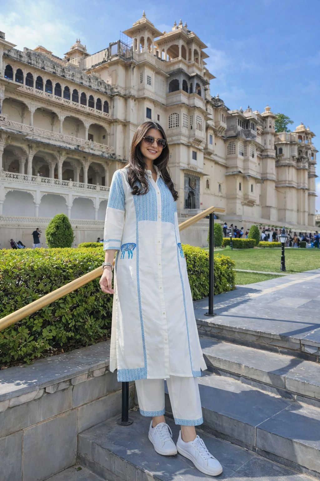 Blue & White Figure & Dot Printed Mul Cotton Co-Ord Set | Collared Neck Kurta with Parallel Pants