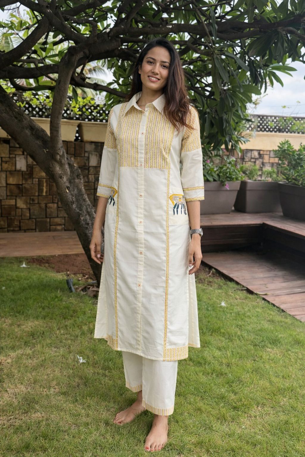 Liril & White Figure & Dot Printed Mul Cotton Co-Ord Set | Collared Neck Kurta with Parallel Pants